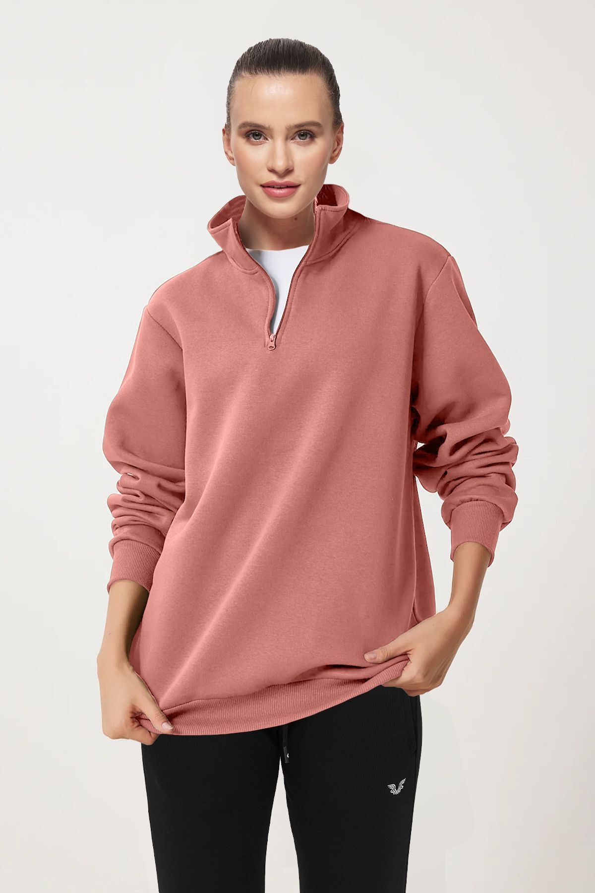aradimtaradim Peak Kadın Pudra Oversize Fermuarlı Yaka Sweatshirt 7012