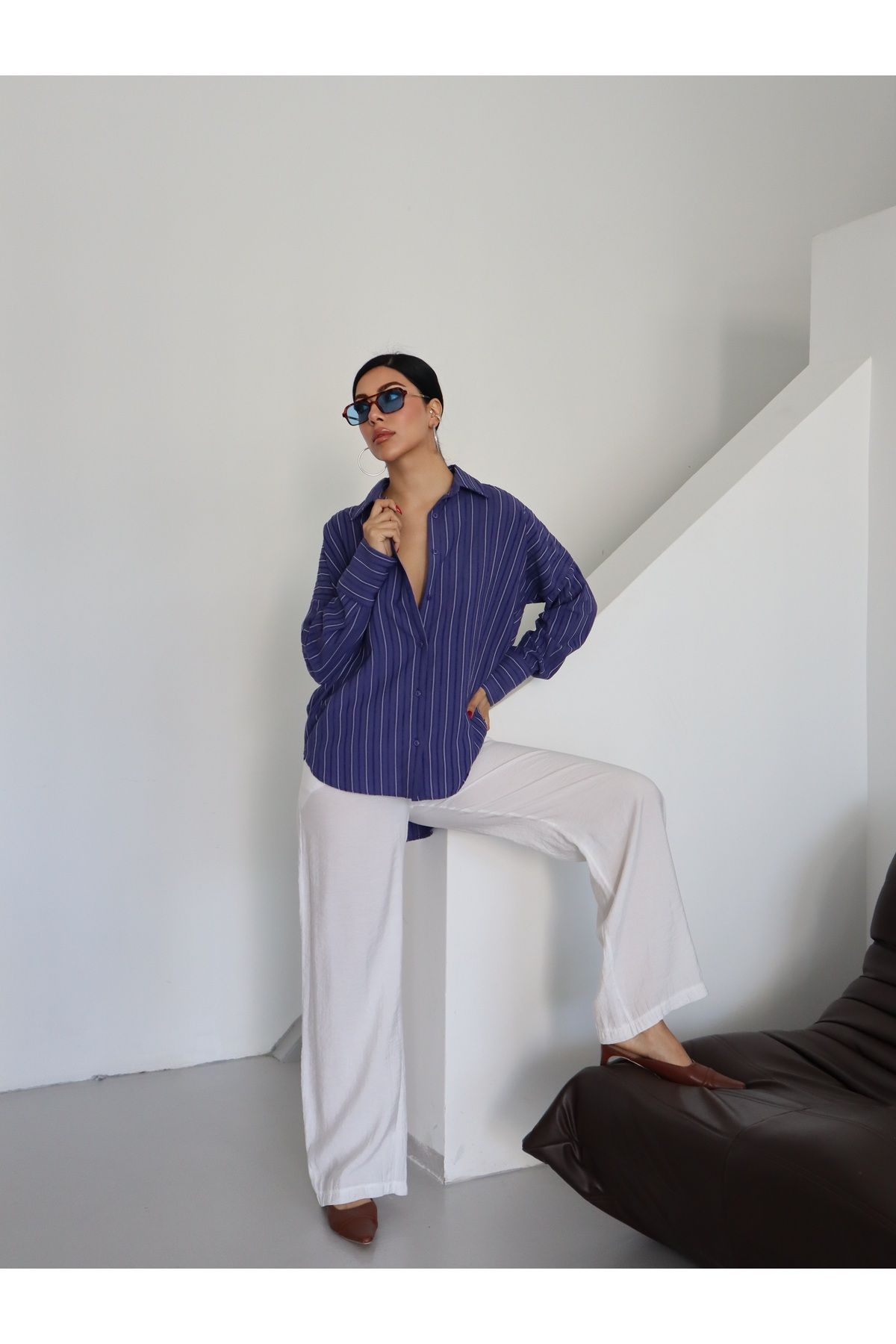 Fashionbox çizgili dokulu rahat kesim gömlek