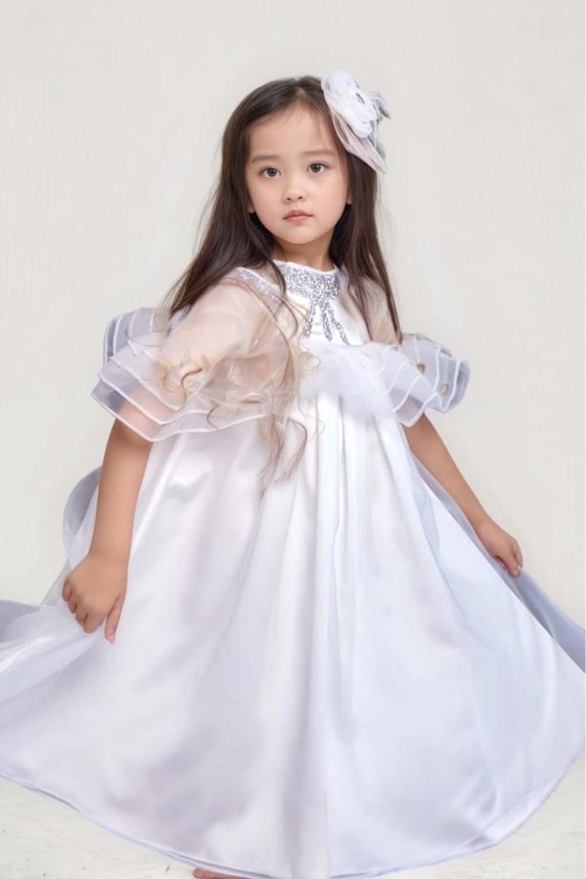 Riccotarz-Girl's Off-Shoulder Collar Stone Embroidered Bust Ruffle Lined White Evening Dress 5