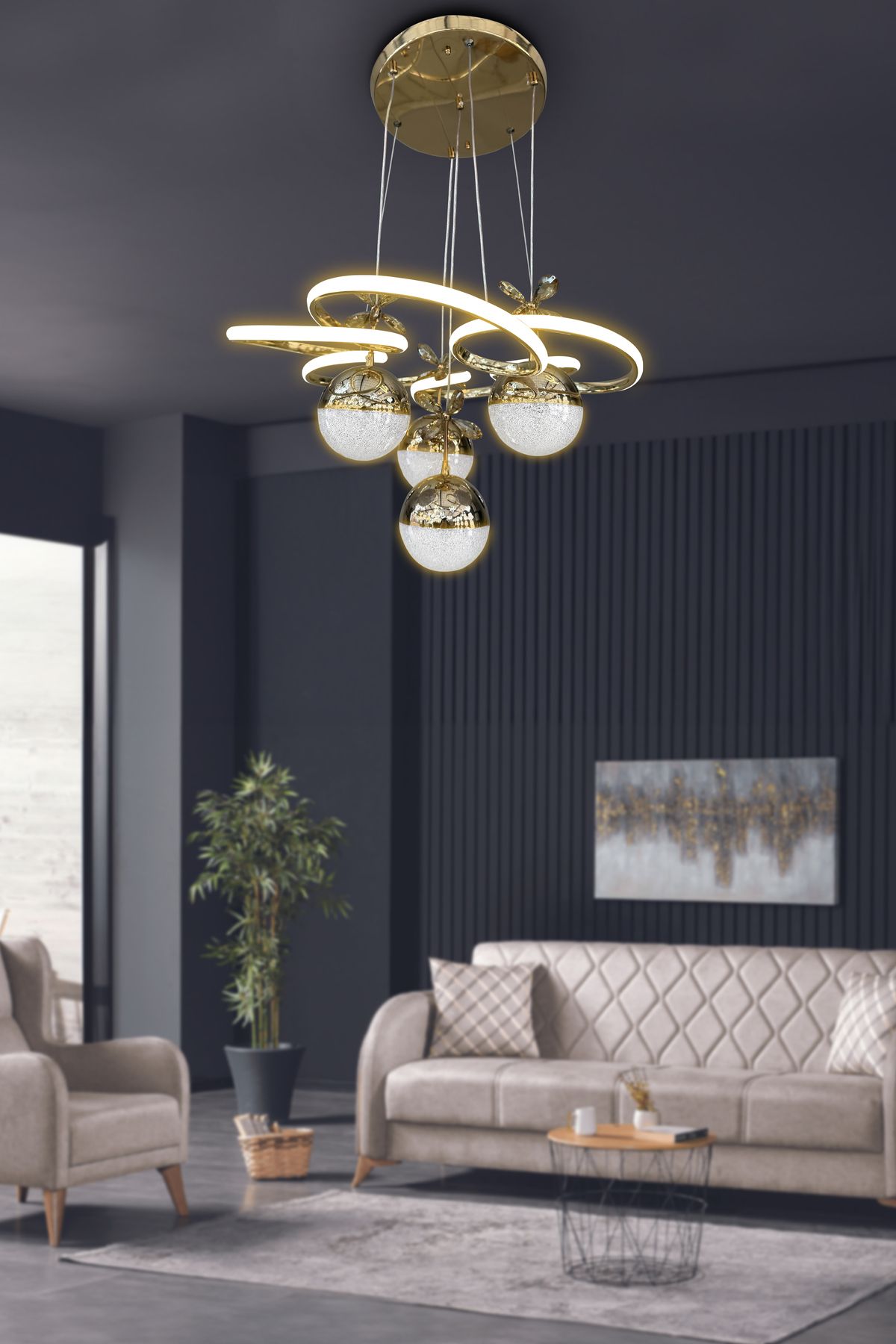 RSCOLLECTIONS Modern Sarkıt Florya 4 Toplu Led Avize Salon & Oturma Odası Avizesi Kumandasız Gold