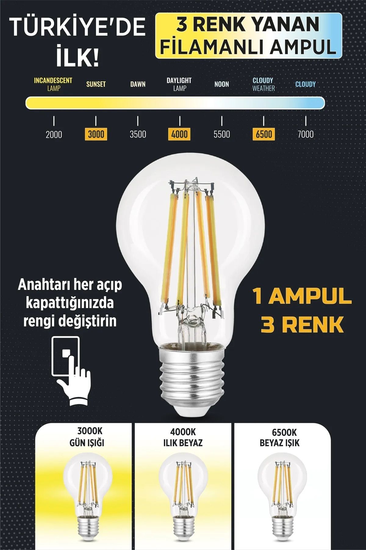 Edison 3 Renkli Led Filament Rustik Ampul 6w E27 A60