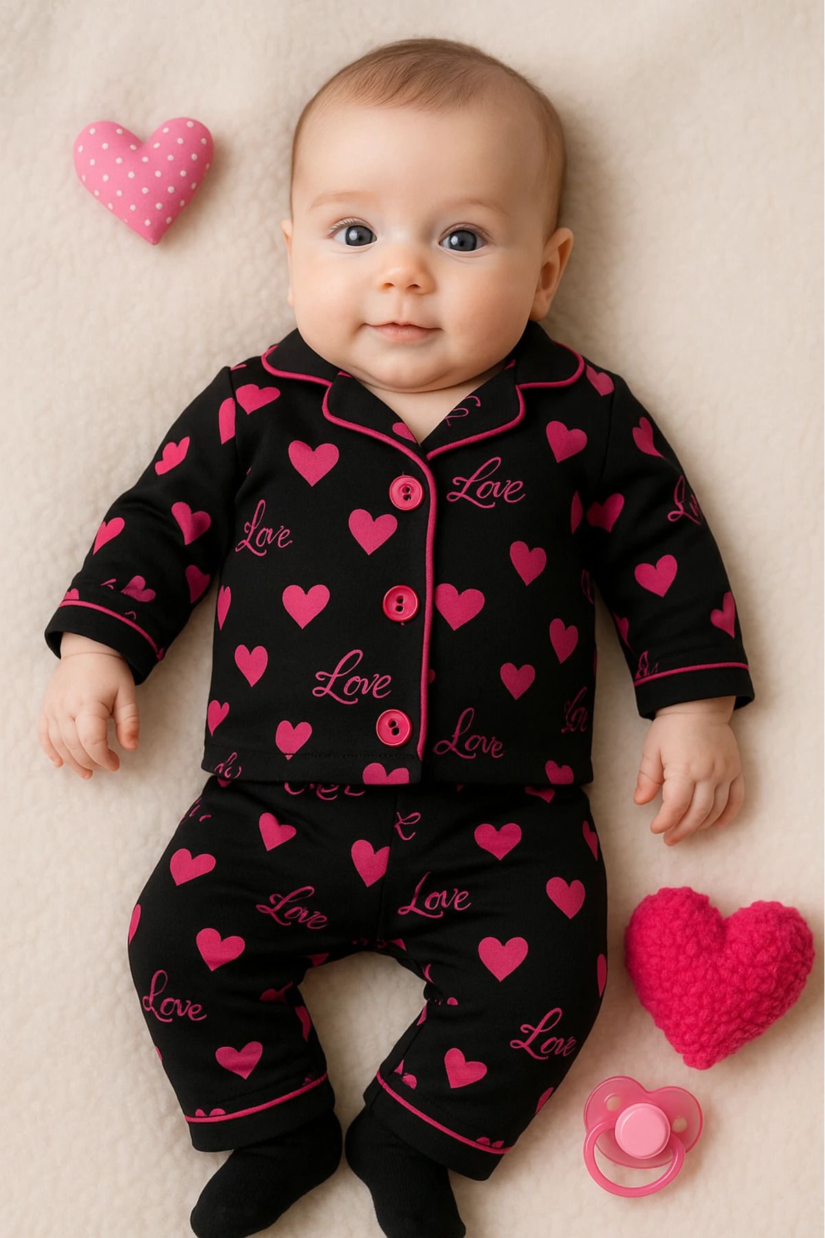 Çıldırıns Pembe Kalpler Desenli 2’li Bebek Pijama Takım
