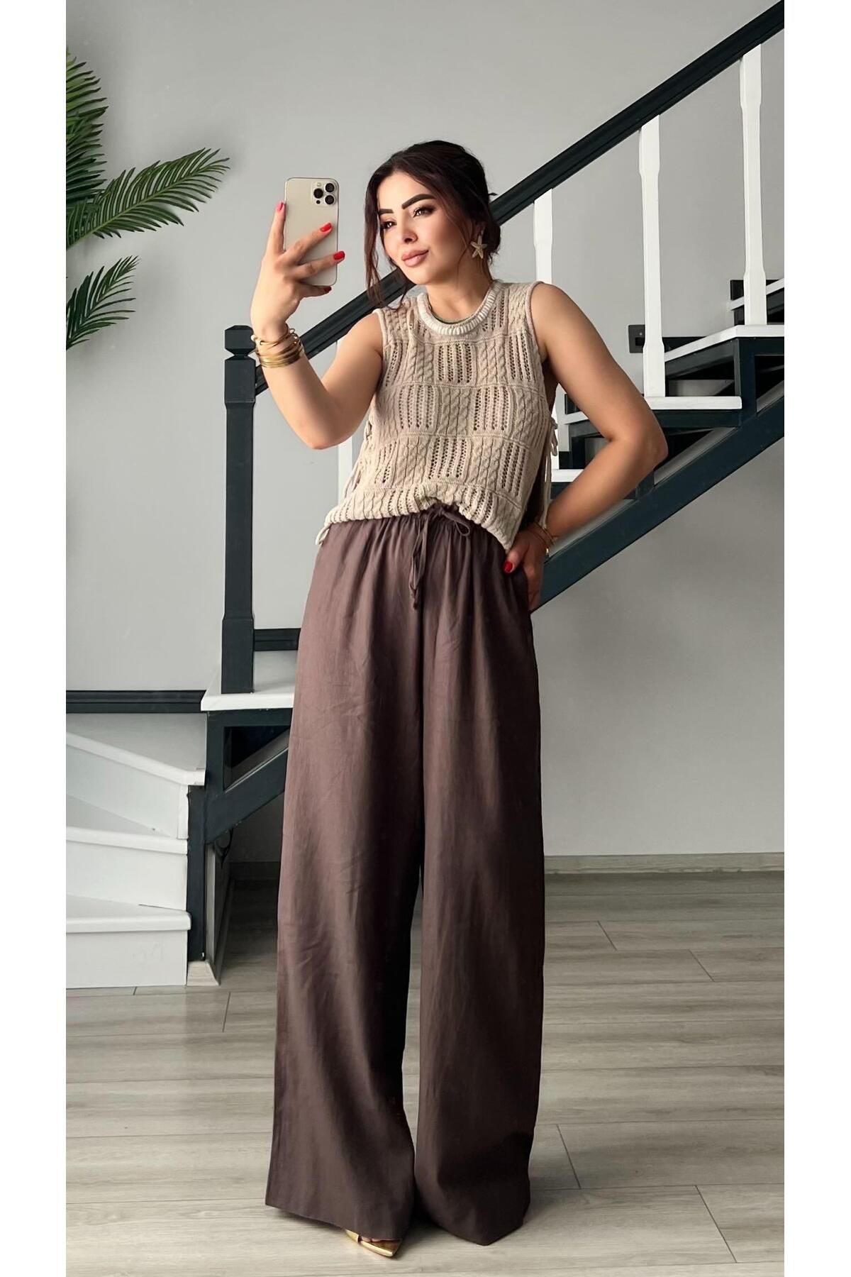 Oslove Acı Kahve Premium Bel Bağlamalı Keten Pantolon
