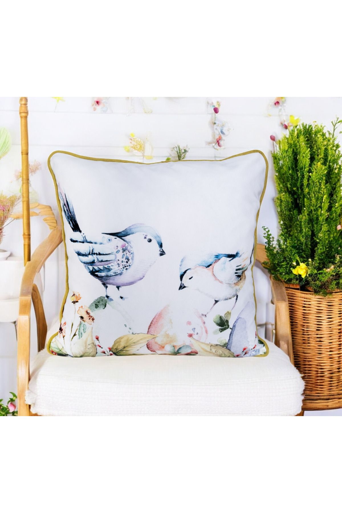 ASDİVA Dijital Baskı Paskalya Temalı Kuş Desen Biyeli Dekoratif Kırlent Kılıfı 45x45