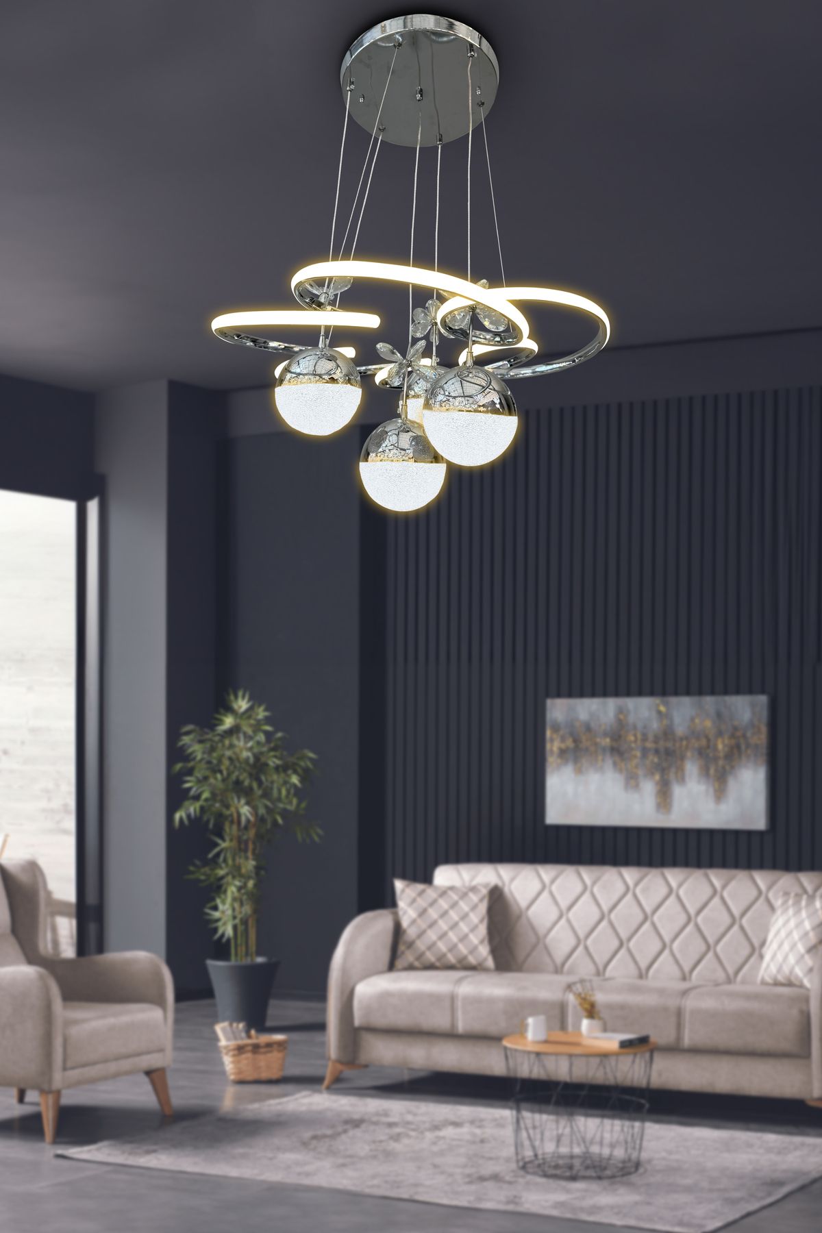 RSCOLLECTIONS Modern Sarkıt Florya 4 Toplu Led Avize Salon & Oturma Odası Avizesi Kumandalı Krom
