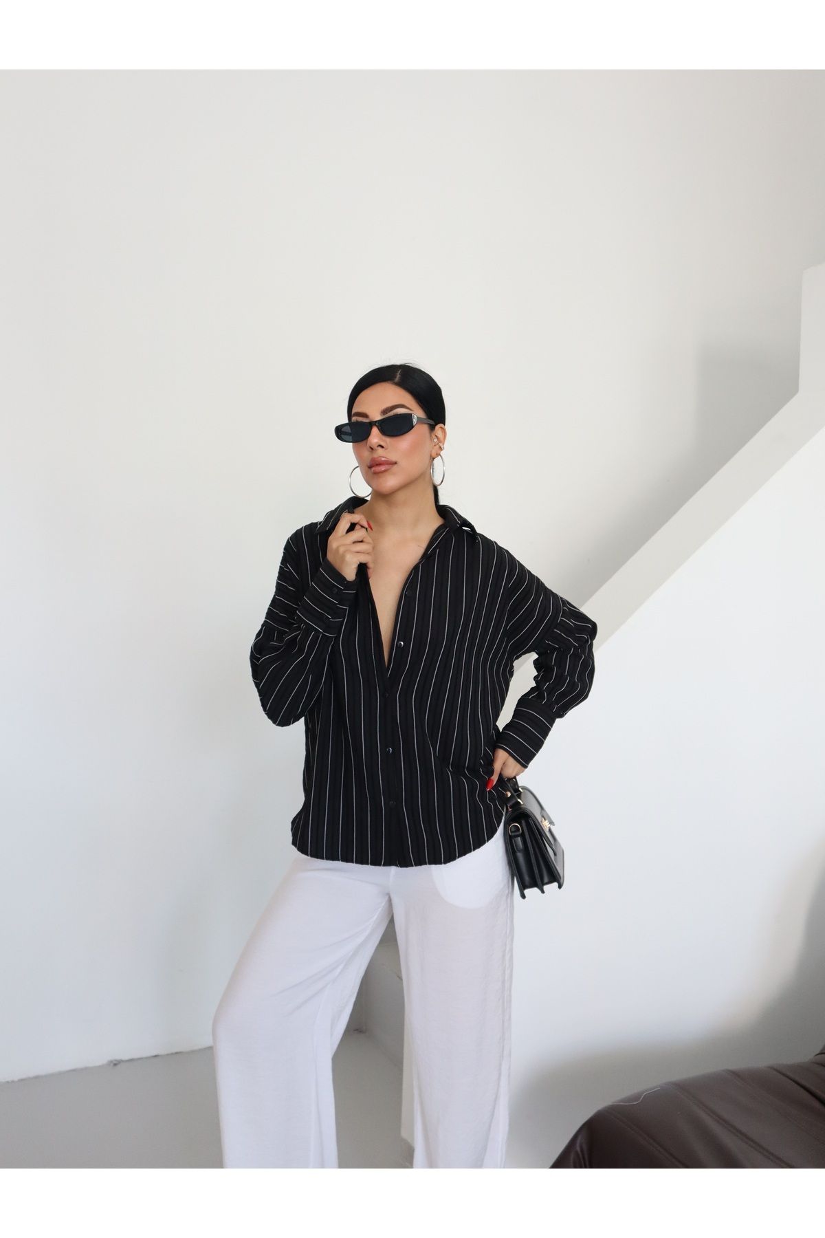 Fashionbox çizgili dokulu rahat kesim gömlek