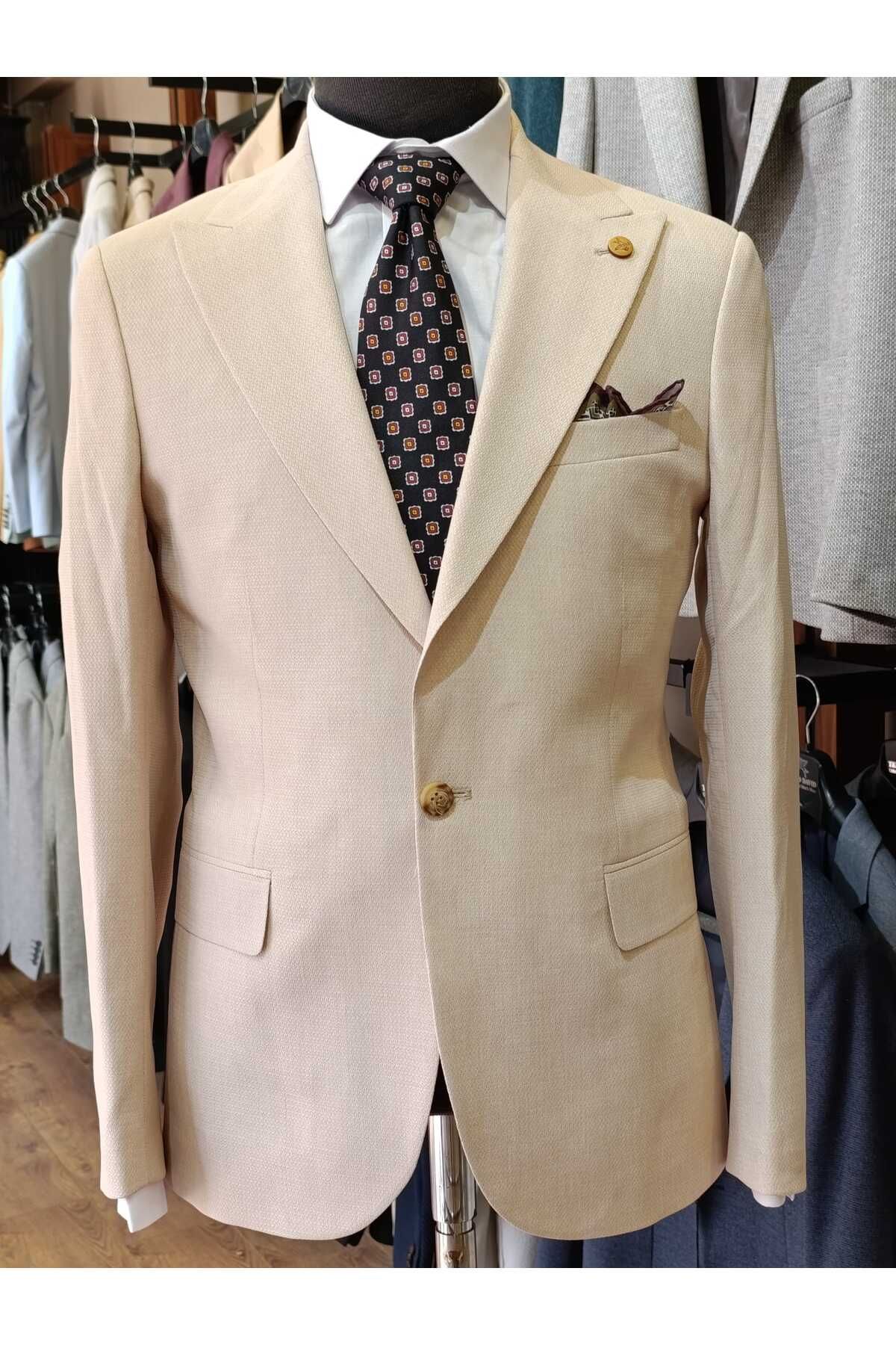 Ted Davıd Krem Dokulu Slim Fit Blazer Ceket