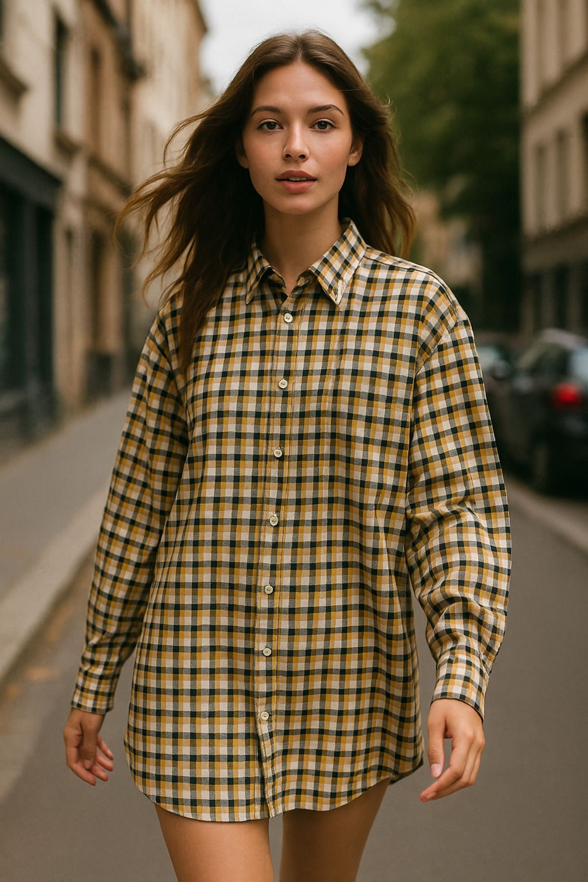 Rich Kadın Sarı Oversize Ekoseli Gömlek Over Fit Relaxed Kareli Gömlek