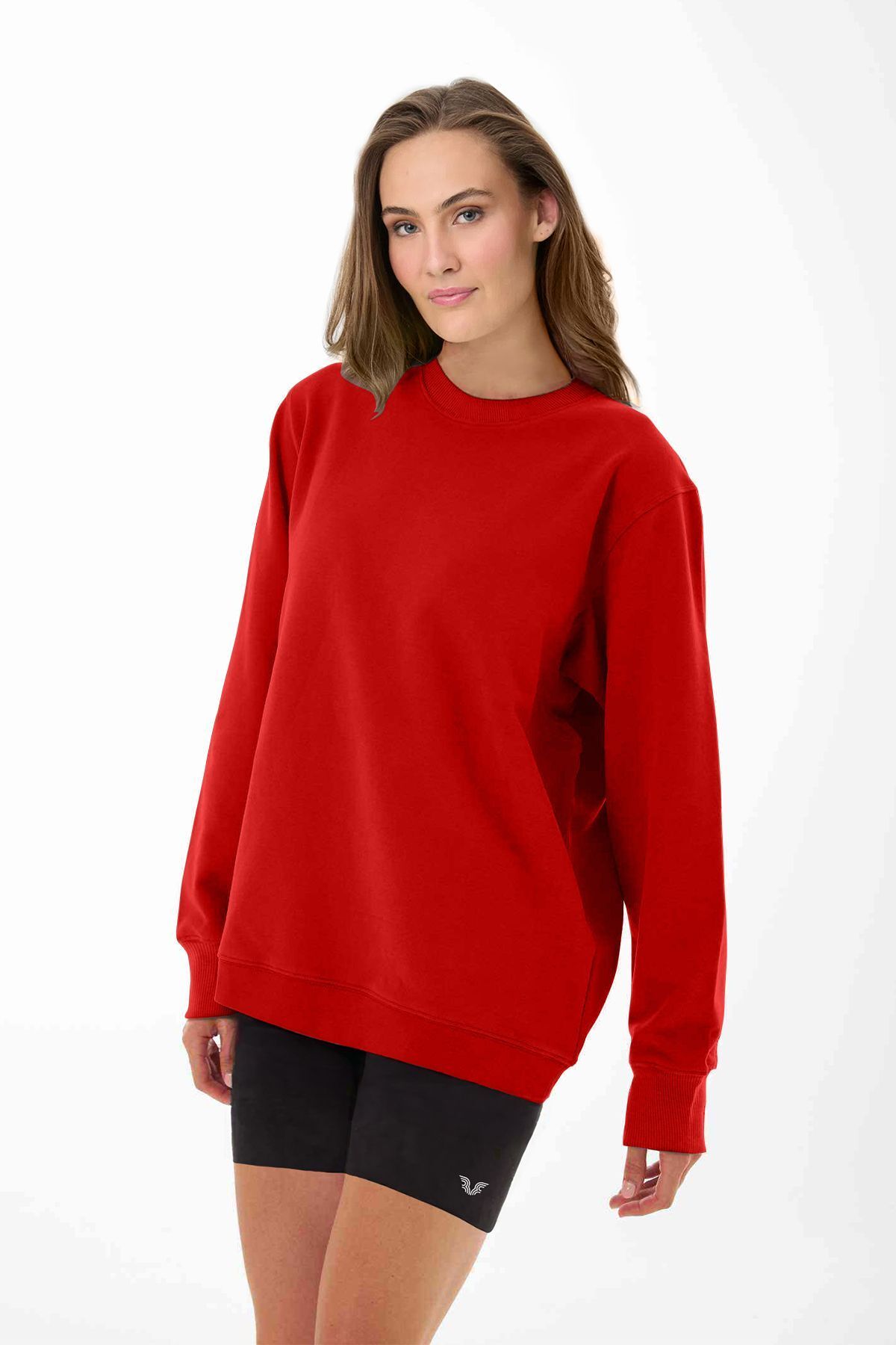 aradimtaradim Peak Kadın Kırmızı Oversize Bisiklet Yaka Basic Sweatshirt 7015