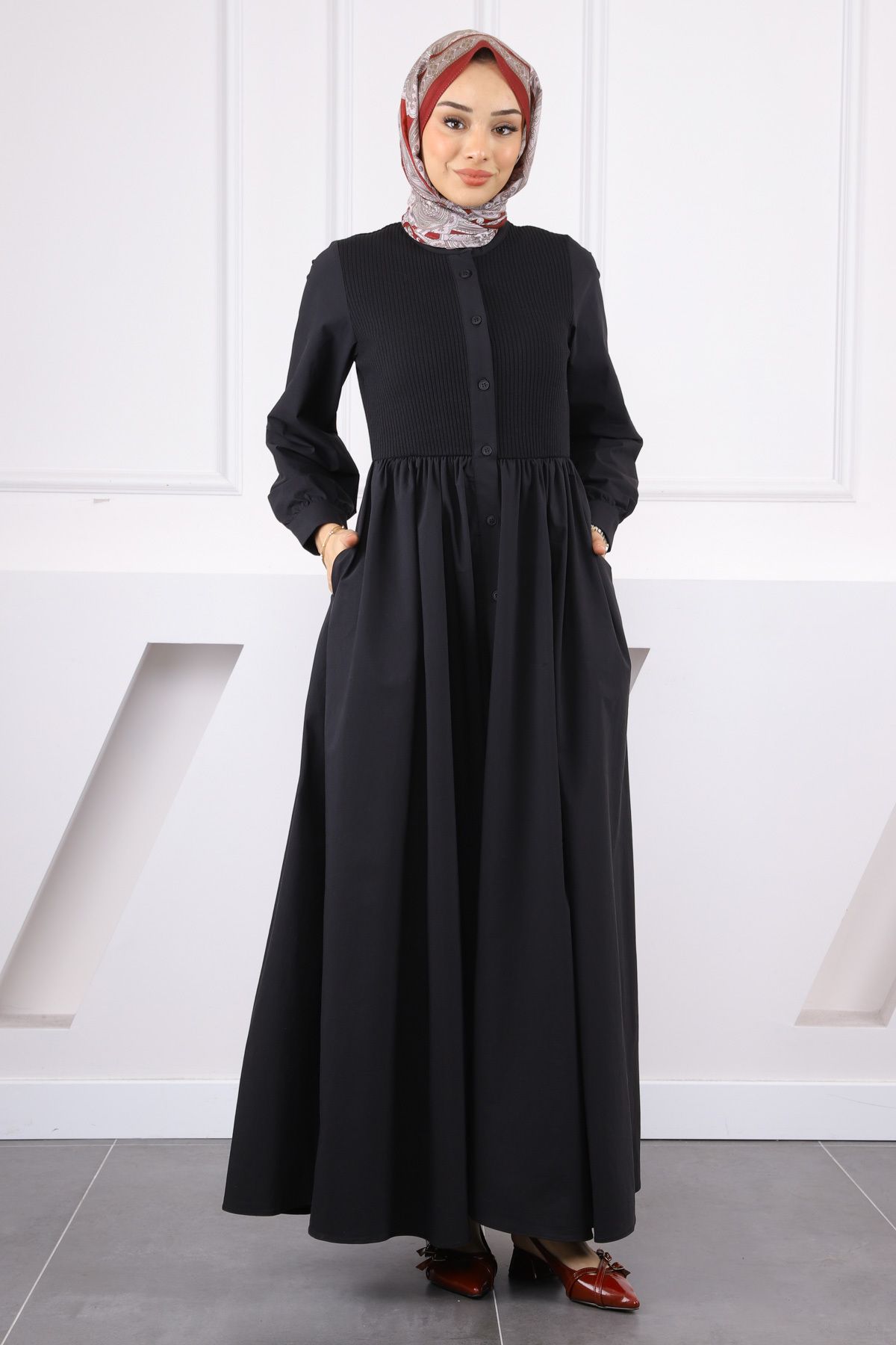 İmajButik Siyah Gofralı Ön Düğmeli Elbise