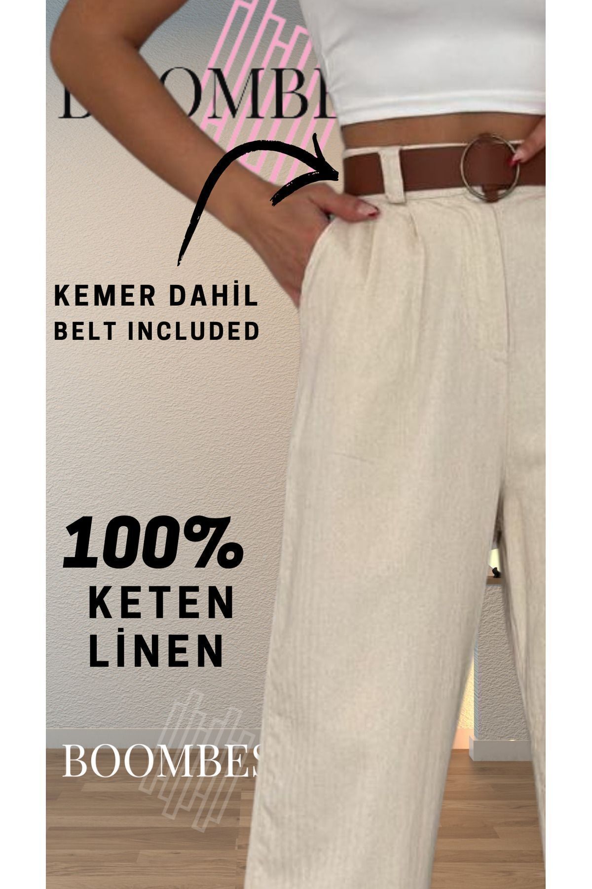 BoomBester  Ham Keten Kemerli Beli Lastikli Gabardin Palazzo Kadın Pantolon-Yeni Sezon - Görsel 3