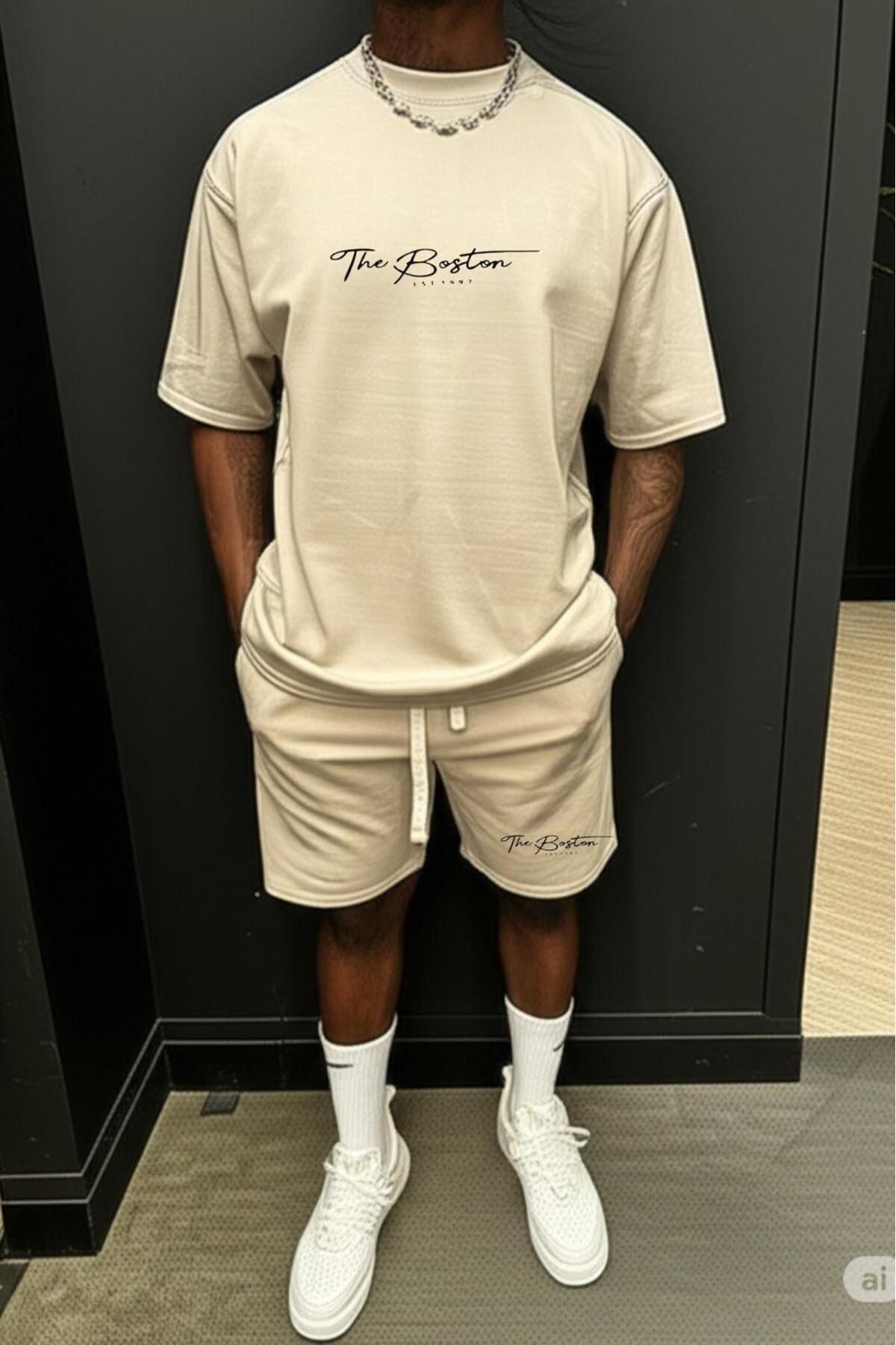 NO 601 Erkek Bej Fine Futter Boston Baskılı Yetim Kol Tshirt Şort Takımı