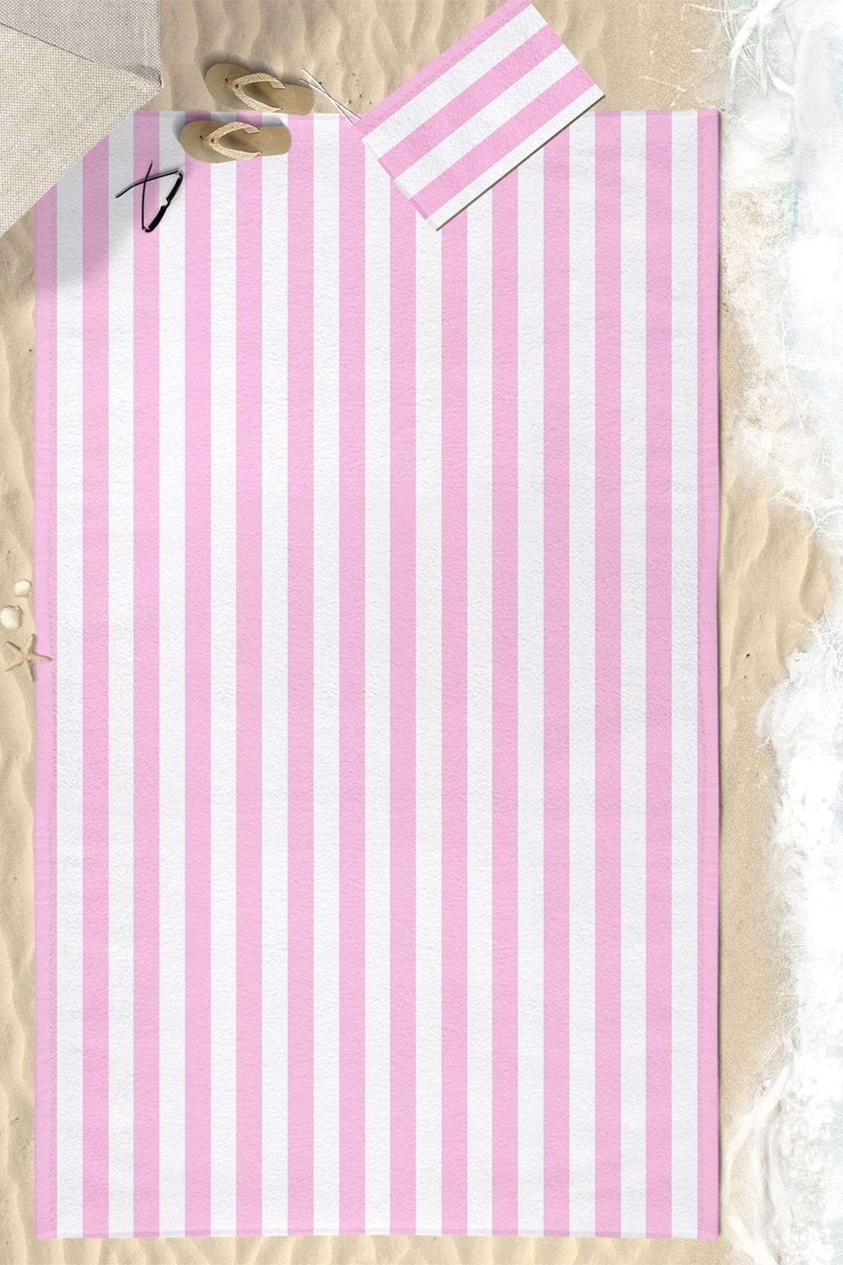 VEVİEN HOME Pembe Çizgili Dijital Baskılı 150x220 Cm Aile Boyu Plaj Havlusu Kum Geçirmez