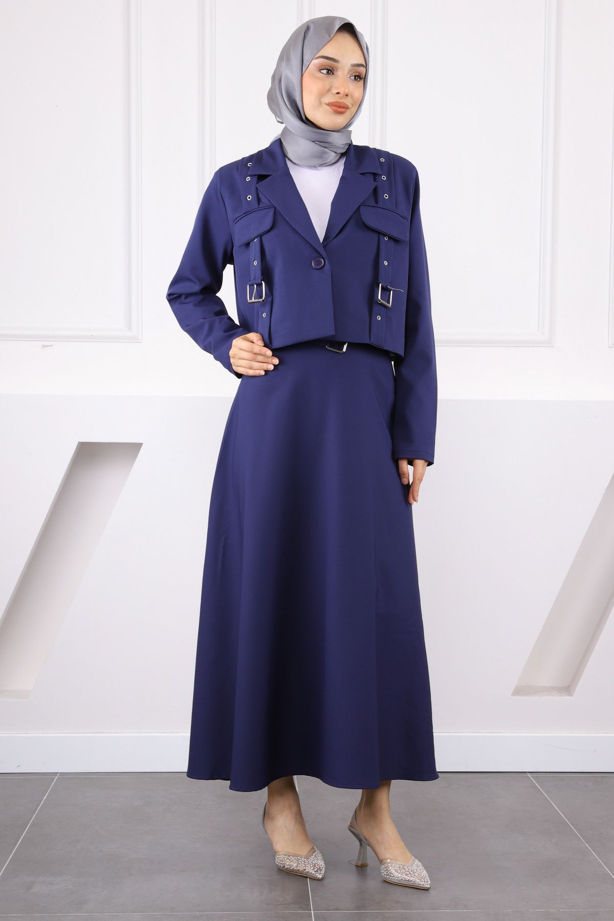 İmajButik Lacivert Kemer Detaylı Ceket Etekli Takım