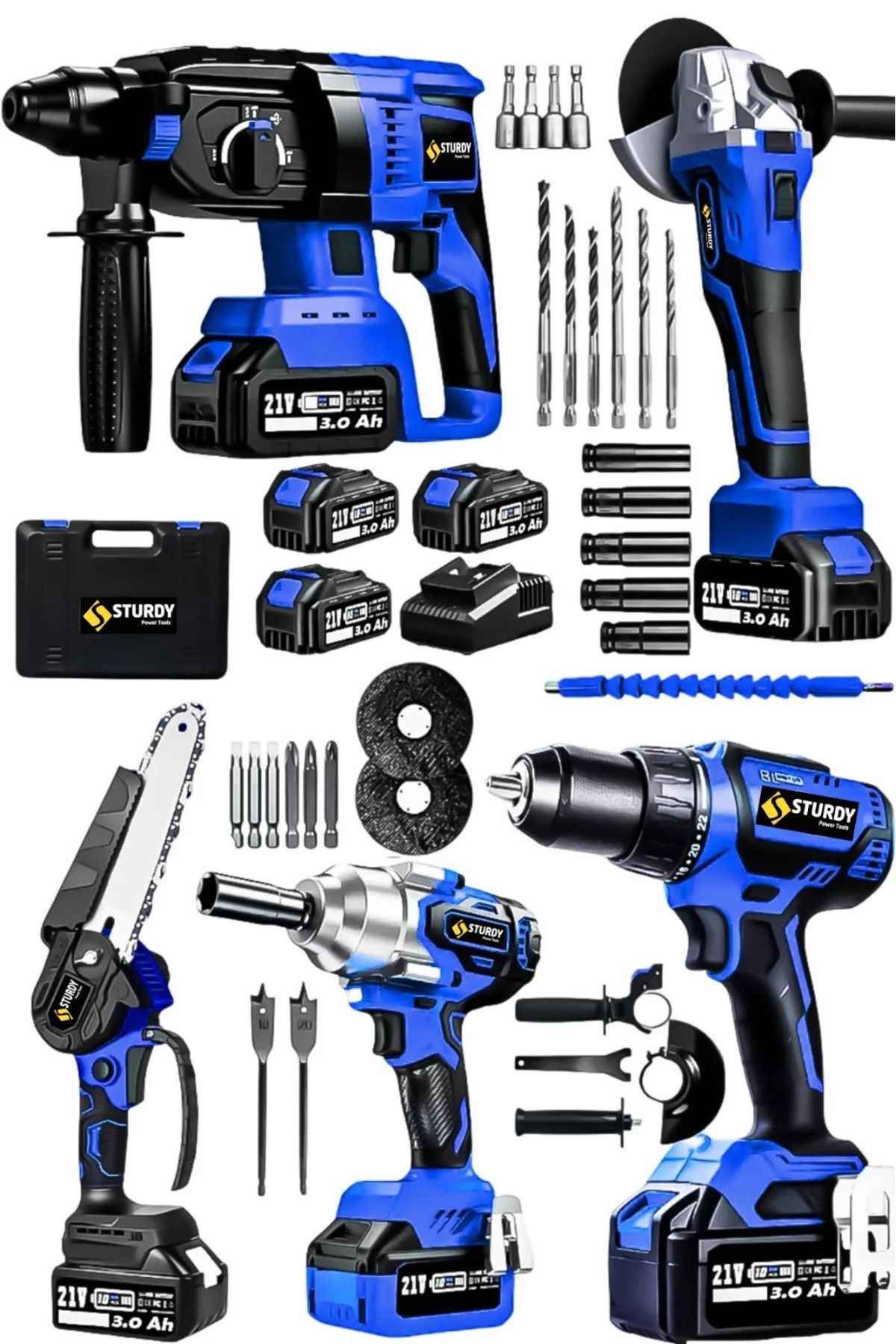 Sturdy Pro 21V 3 Akülü 5'li Set Kırıcı Delici Hilti Taşlama Somun Sıkma Akülü Vidalama Budama USTA Set