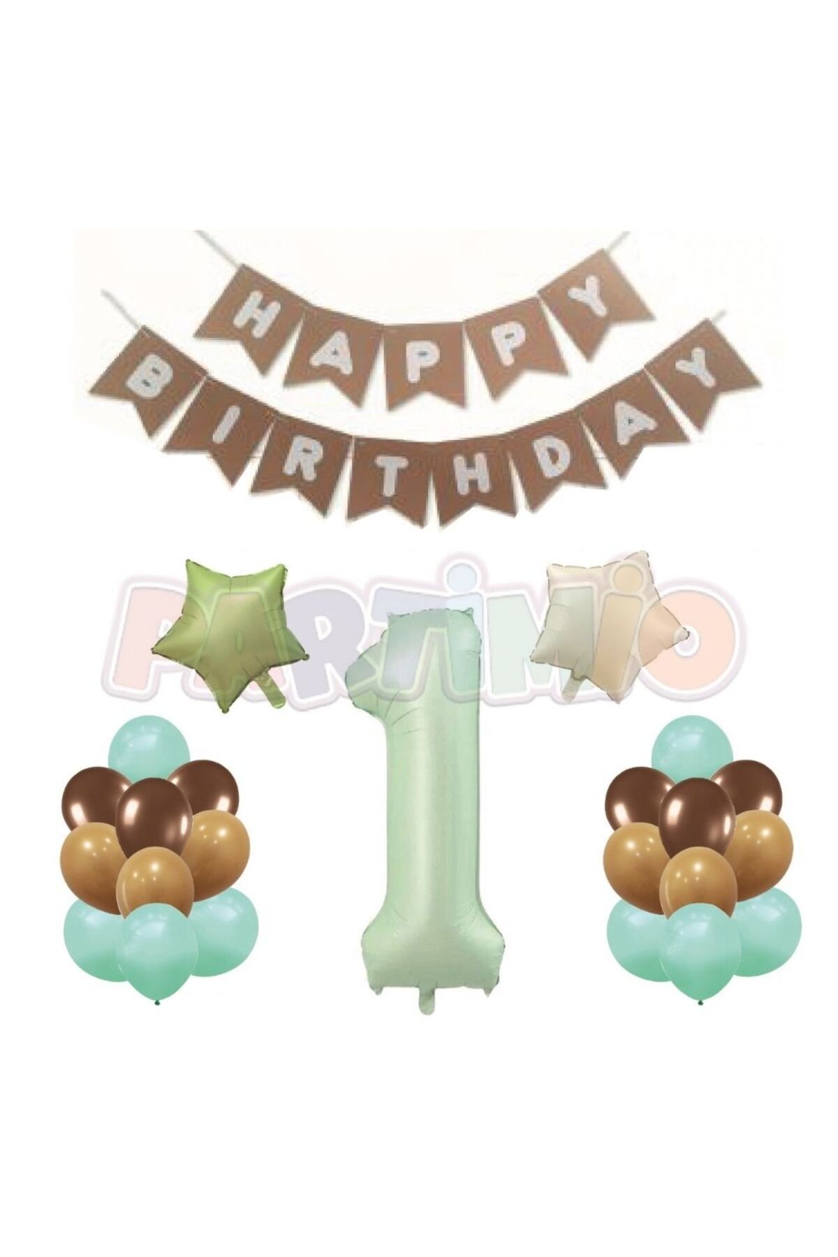 PARTİMİO PARTİ MALZEMELERİ Retro Doğum Günü Seti 1 Yaş; Retro Yeşil Rakam Folyo, Karaft Banner, Yıldız Folyo Ve Lateks Balon