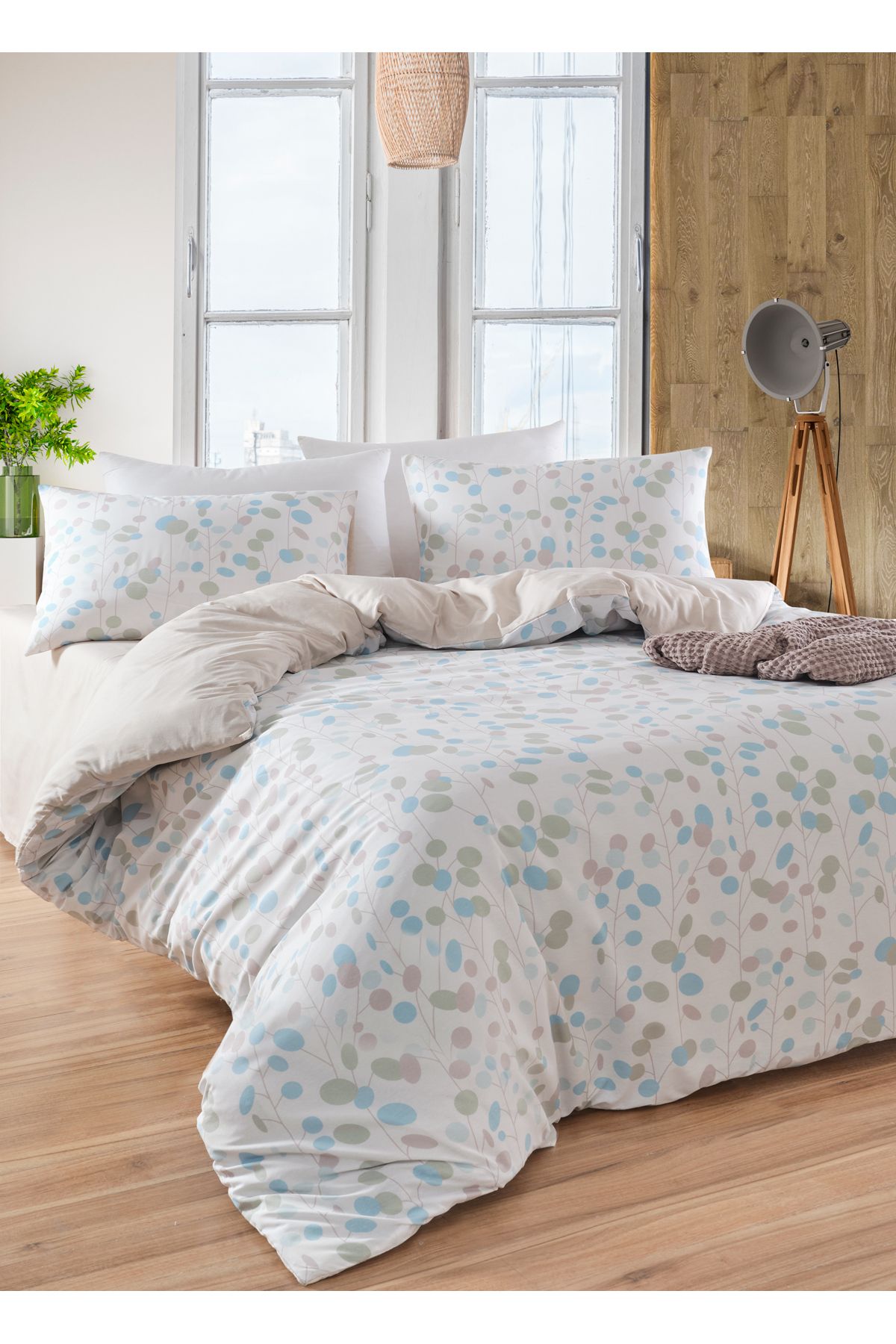 Eponj Home Çift Kişilik Pamuklu Nevresim Takımı 4 Parça – Petite Desen – Mint-Bej / Yumuşak Dokulu