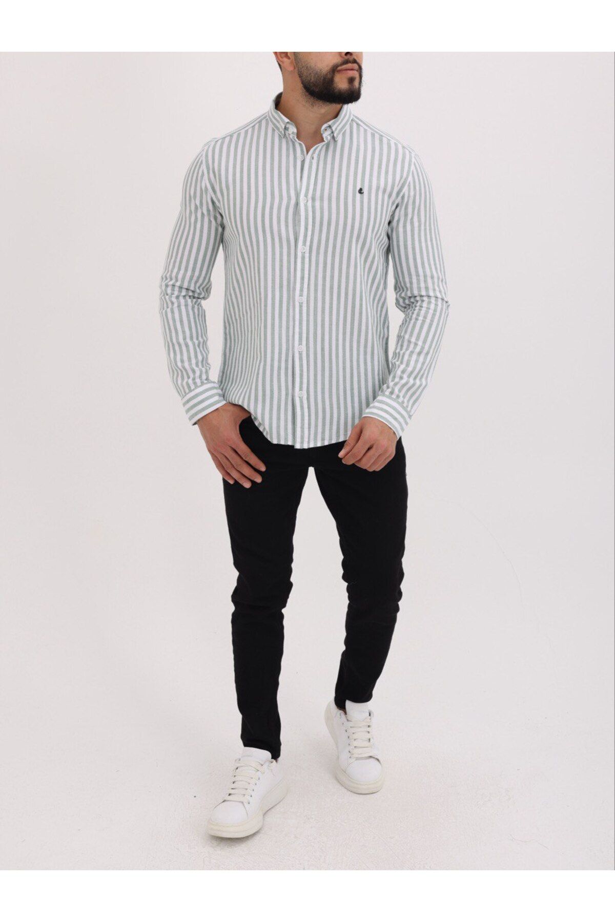cliento Erkek Slim Fit Fıstık Yeşil Çizgili Keten Gömlek