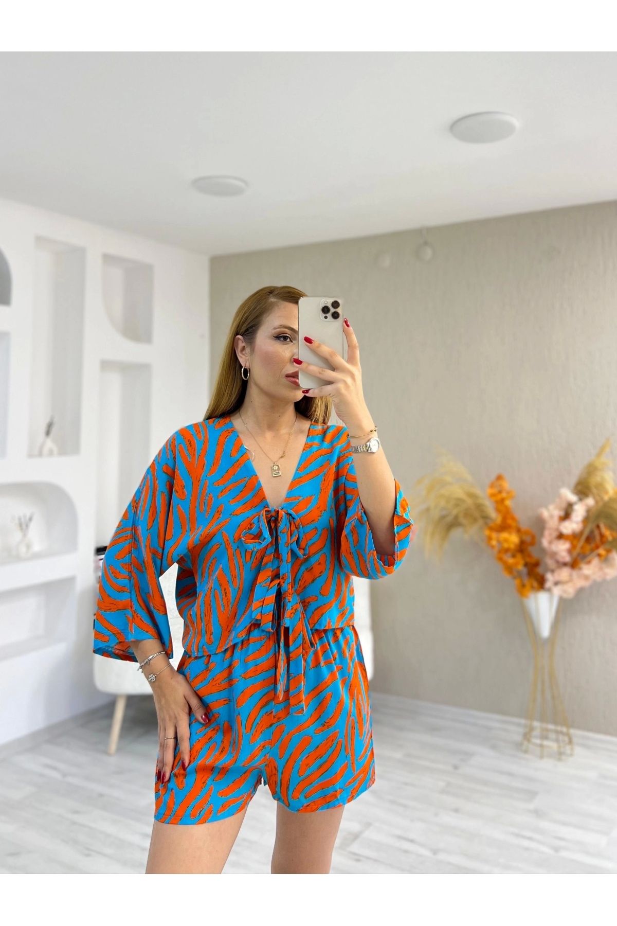 İrka Moda Desenli Kimono Şortlu Takım Turuncu