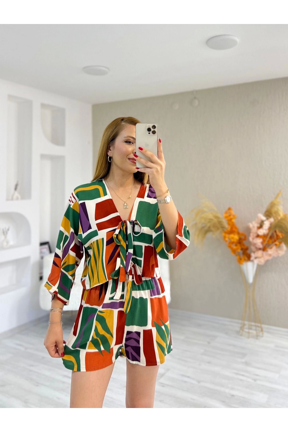 İrka Moda Desenli Kimono Şortlu Takım Kiremit