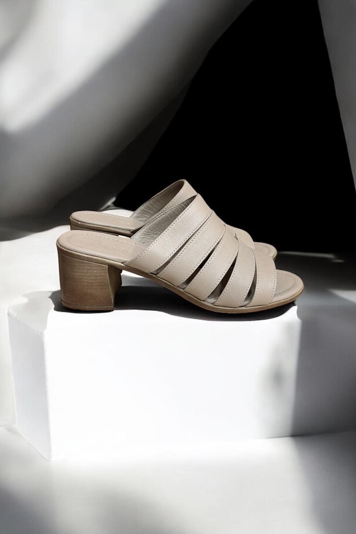 TUFAN SHOES Bej Hakiki Deri Bant Detay Topuklu Comfort Taban Topuklu Terlik