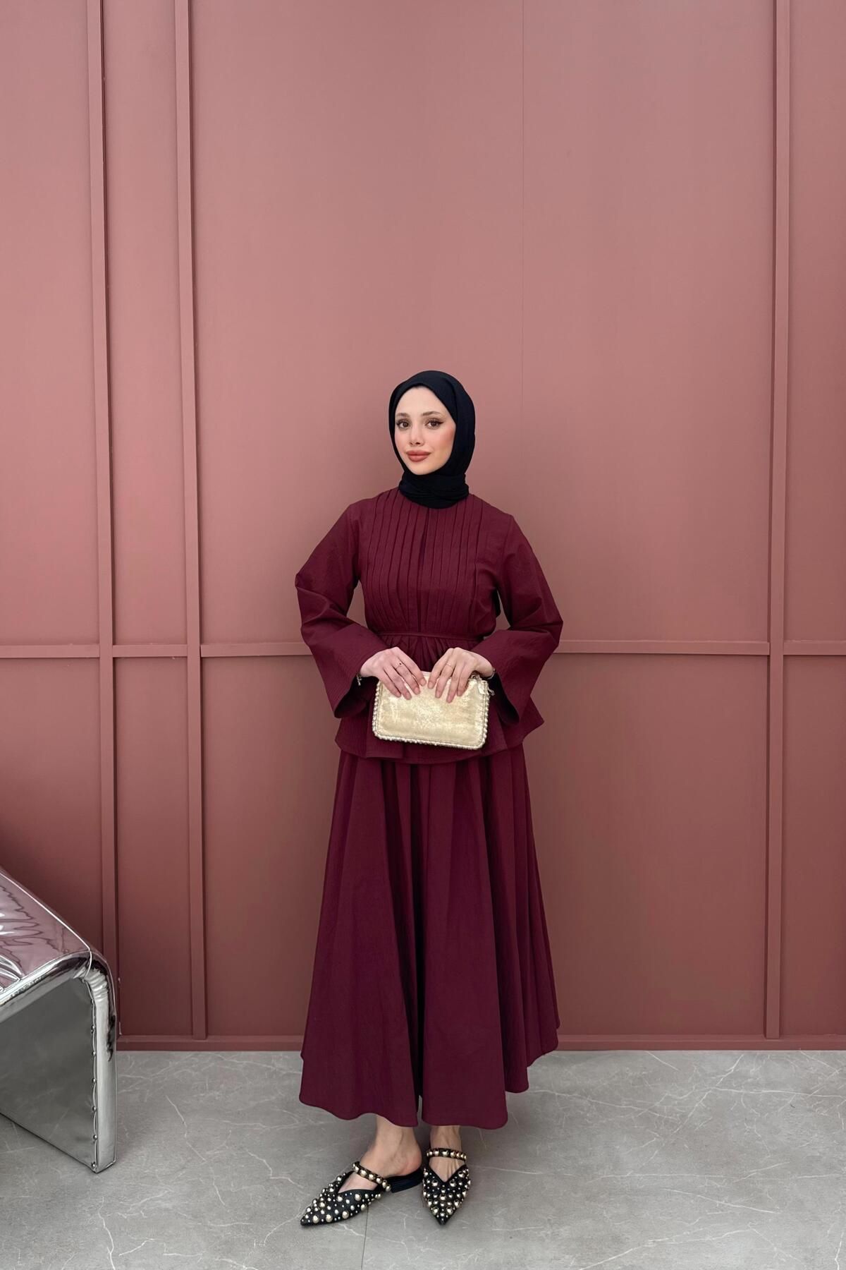 QUQA Pileli Keten Etekli Takım - Bordo