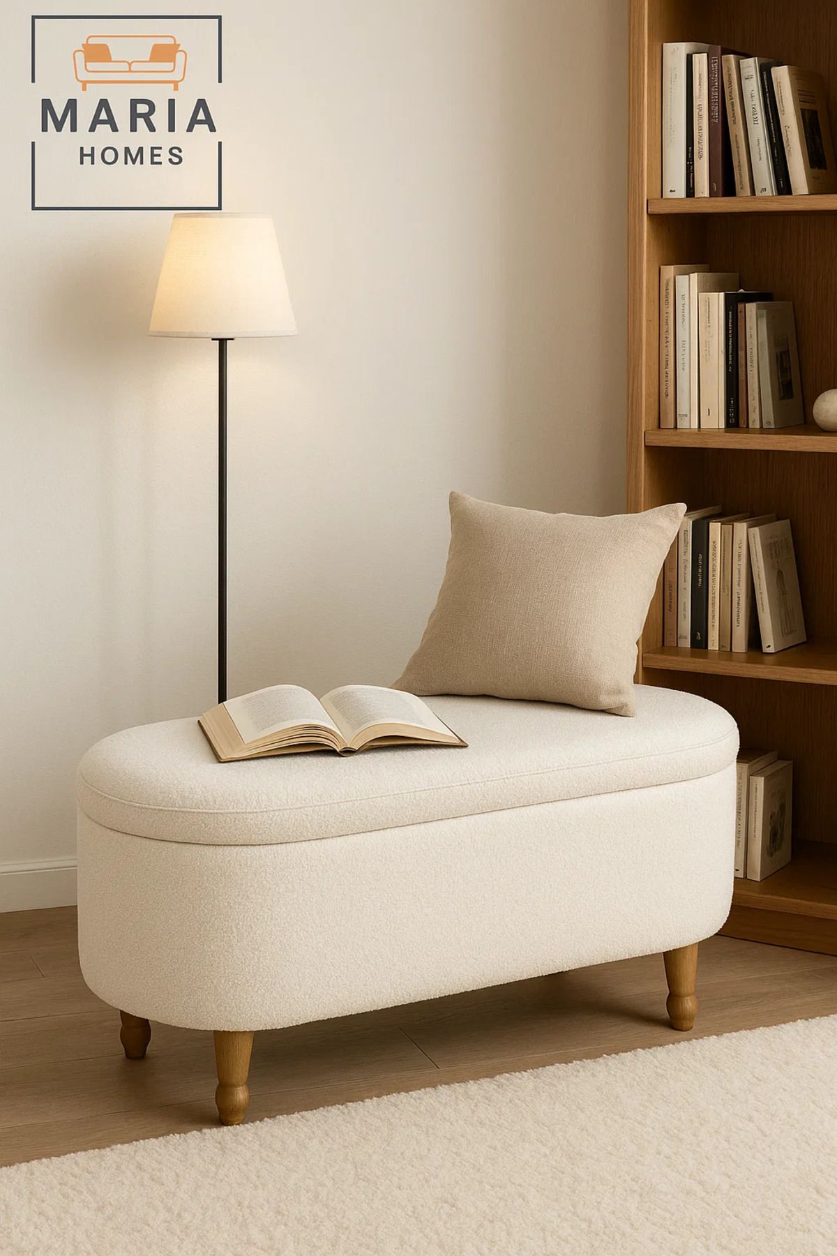 MARIA HOMES-Oval White Ottoman with Soft Upholstery and Turned Wooden Legs 2