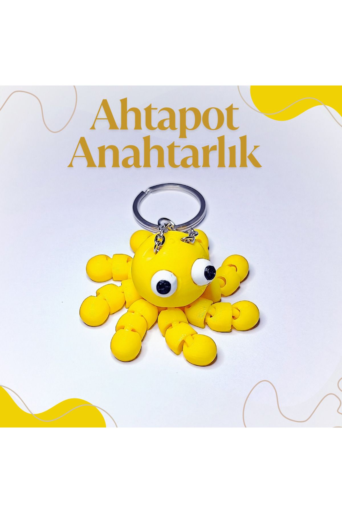 Doğal Tasarım Sevimli Ahtapot Anahtarlık-Sarı Renk- 3D Baskı