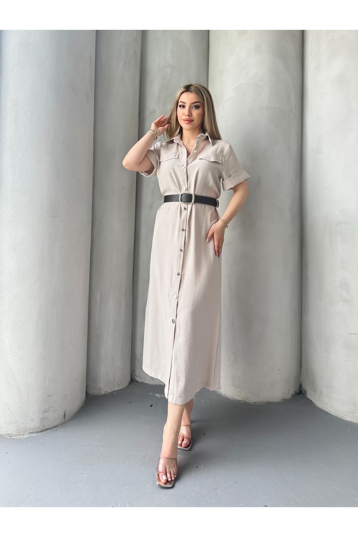 SewStil KEMERLİ GÖMLEK ELBİSE TAŞ