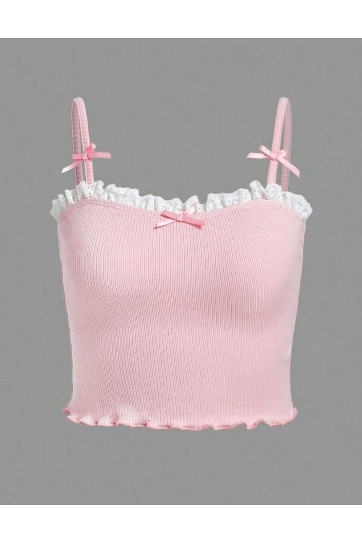Moonstarcollection Coquette Lolita dantel detaylı askılı kurdele crop