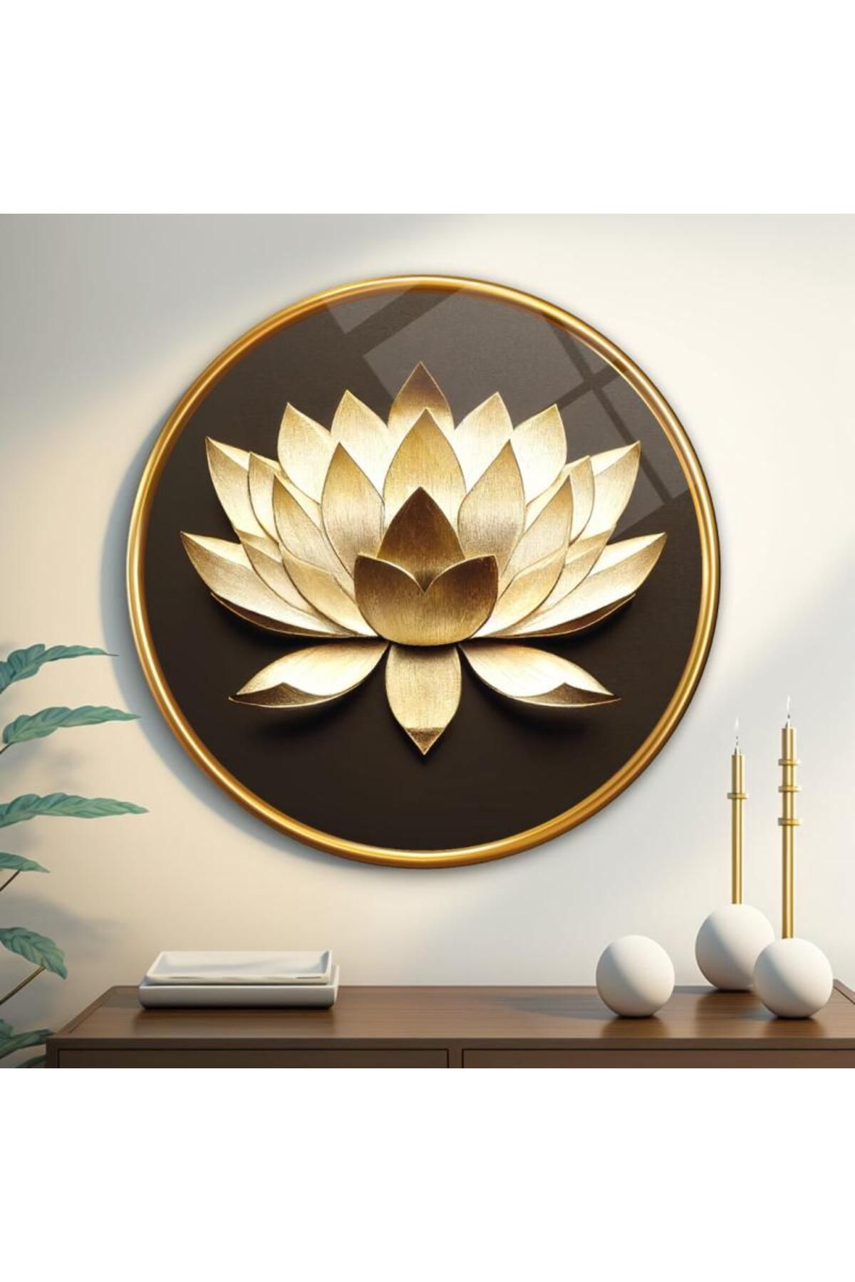 TAULART KREM RENGİ BOHEM LOTUS ÇİÇEĞİ TASARIMI KIRILMAZ MODERN CAM TABLO LÜKS HEDİYE