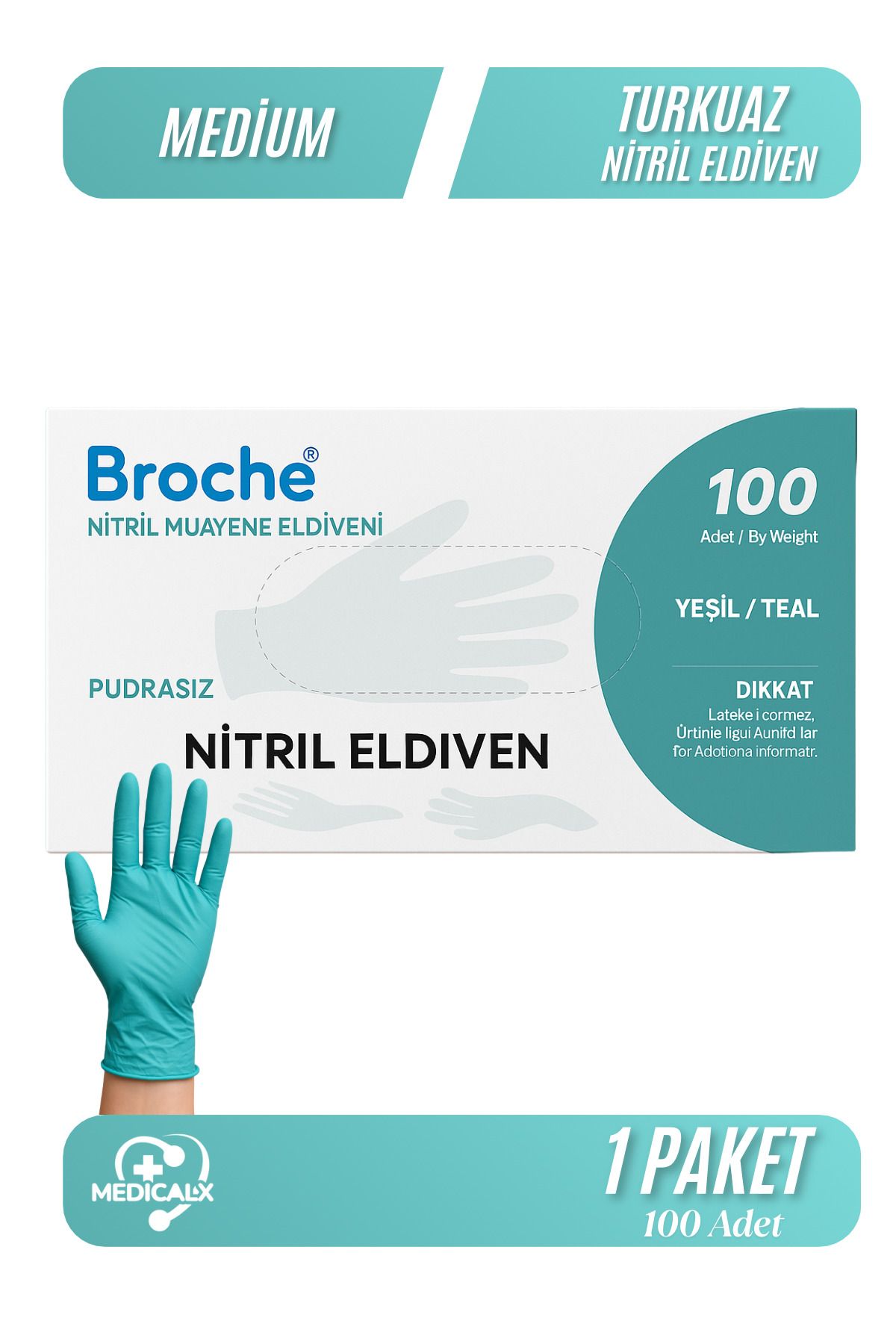 Medicalx Ultra Kalın Turkuaz Nitril Muayene Eldiveni 100 Lü Paket - Medium