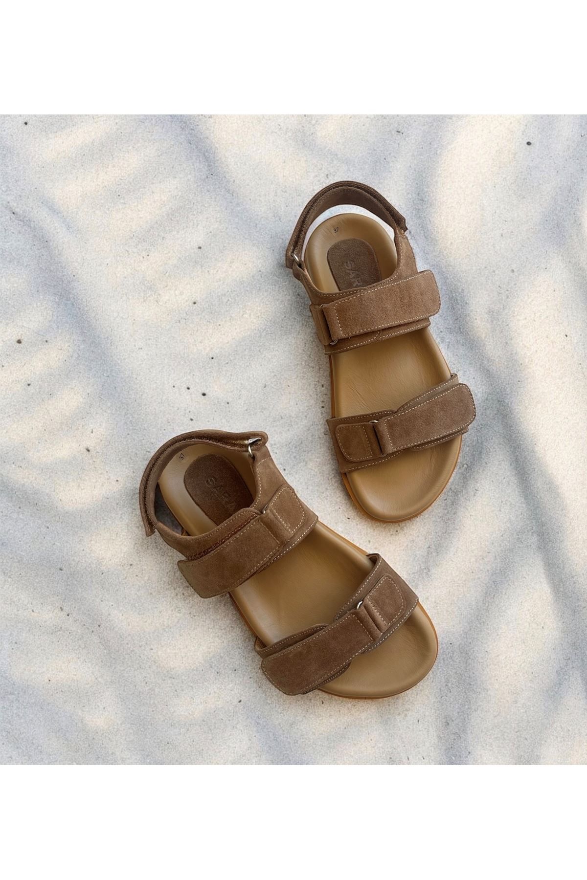 Saracshoes Gerçek Deri Vizon Süet Kadın Sandalet Massi