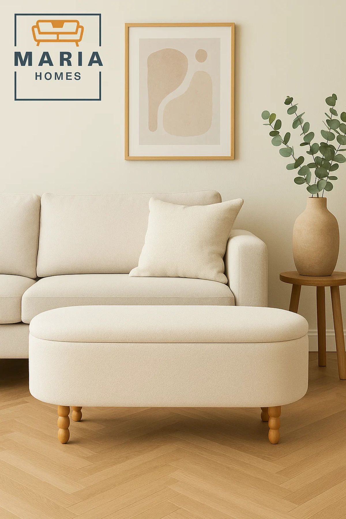 MARIA HOMES-Oval White Ottoman with Soft Upholstery and Turned Wooden Legs 5