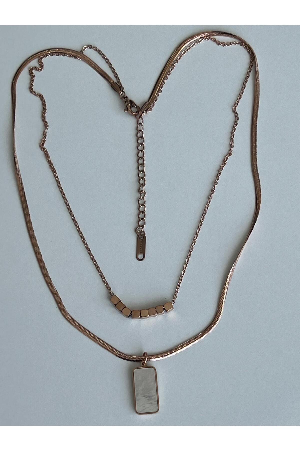 Meri Rose gold beyaz taş detaylı ikili çelik kolye