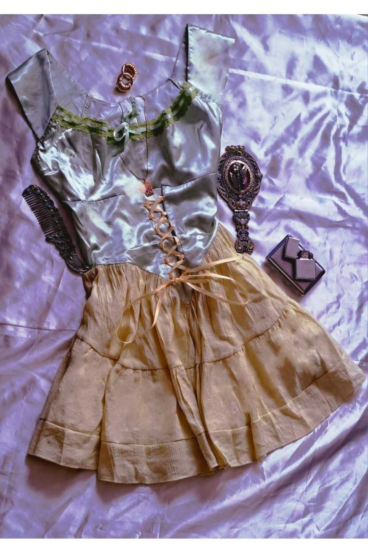 ALEİDANIN KOLEKSYONU Yeşil Saten Vintage Retro Mezuniyet Elbise Abiye Elbise Balo Elbisesi Parti Elbise Dans Elbisesi