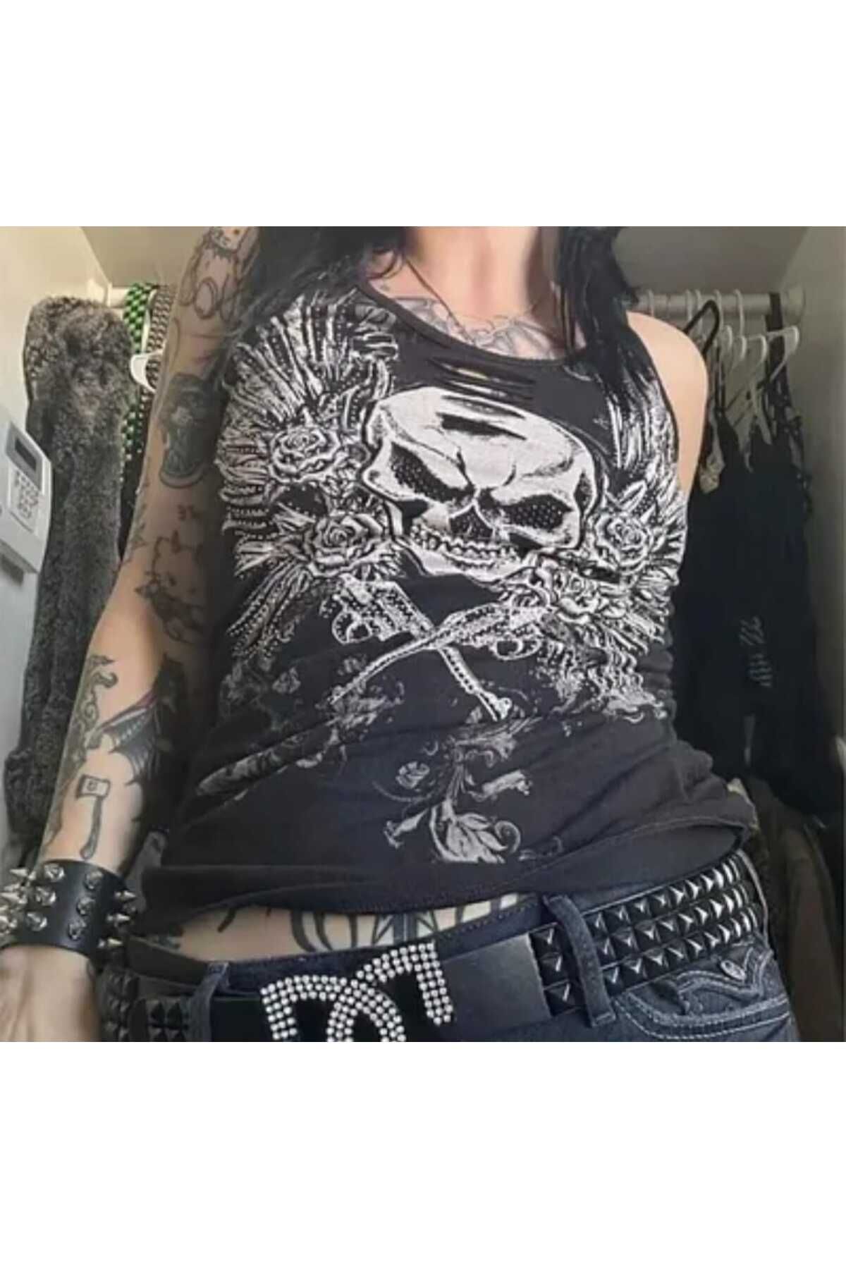 Moonstarcollection Gotic Punk yırtık detaylı tam boy bluz