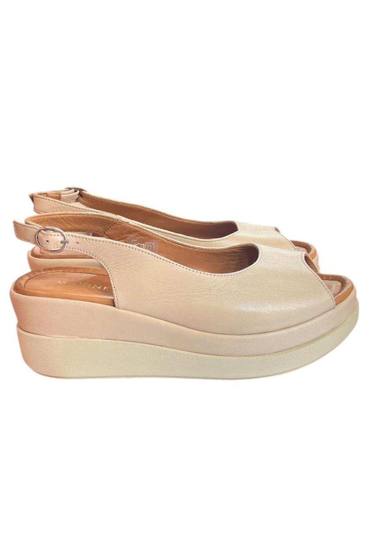 TUFAN SHOES Bej Hakiki Deri Comfort Taban Dolgu Topuk Yazlık Ayakkabı