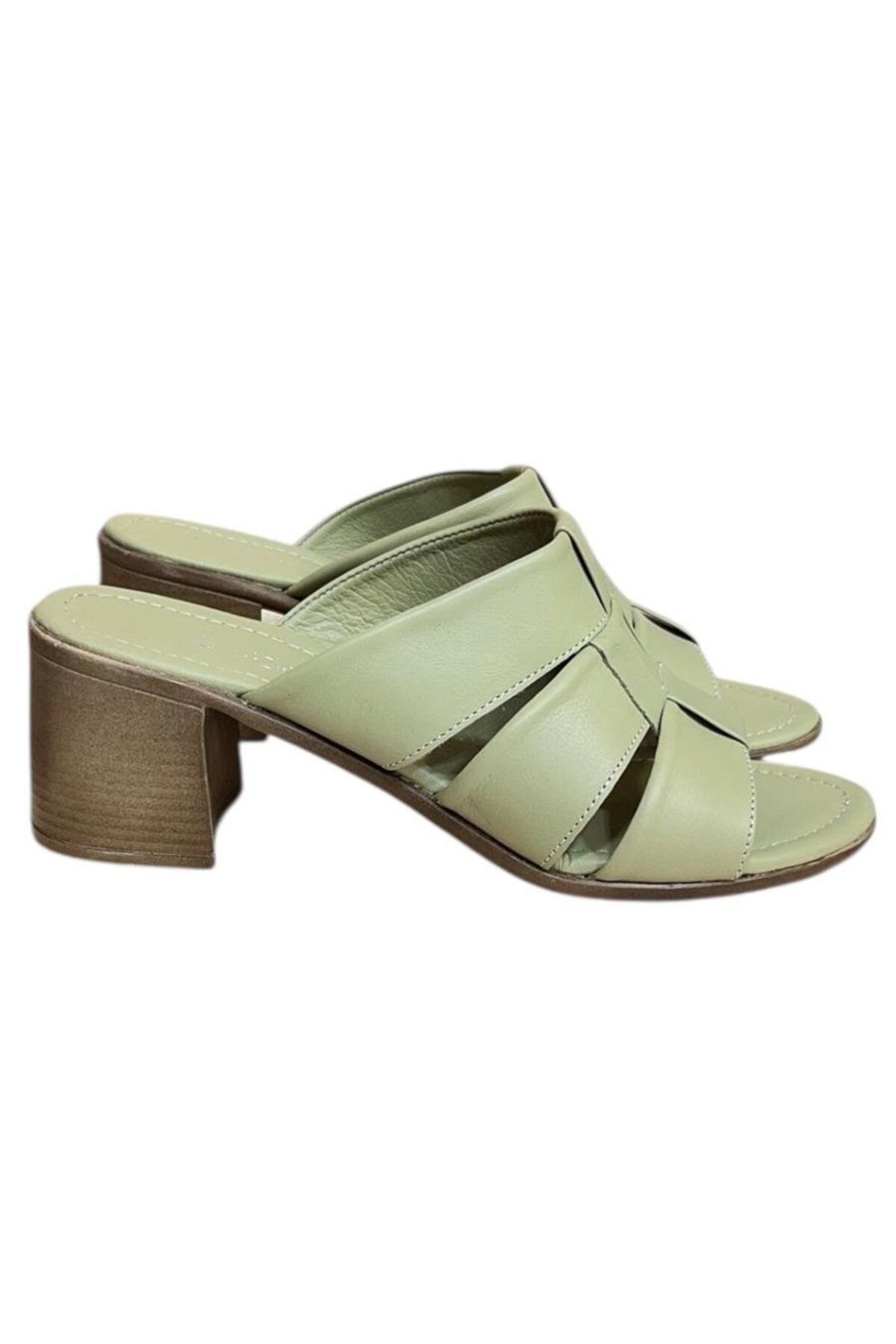 TUFAN SHOES Yeşil Hakiki Deri Bant Detaylı Topuklu Comfort Taban Terlik
