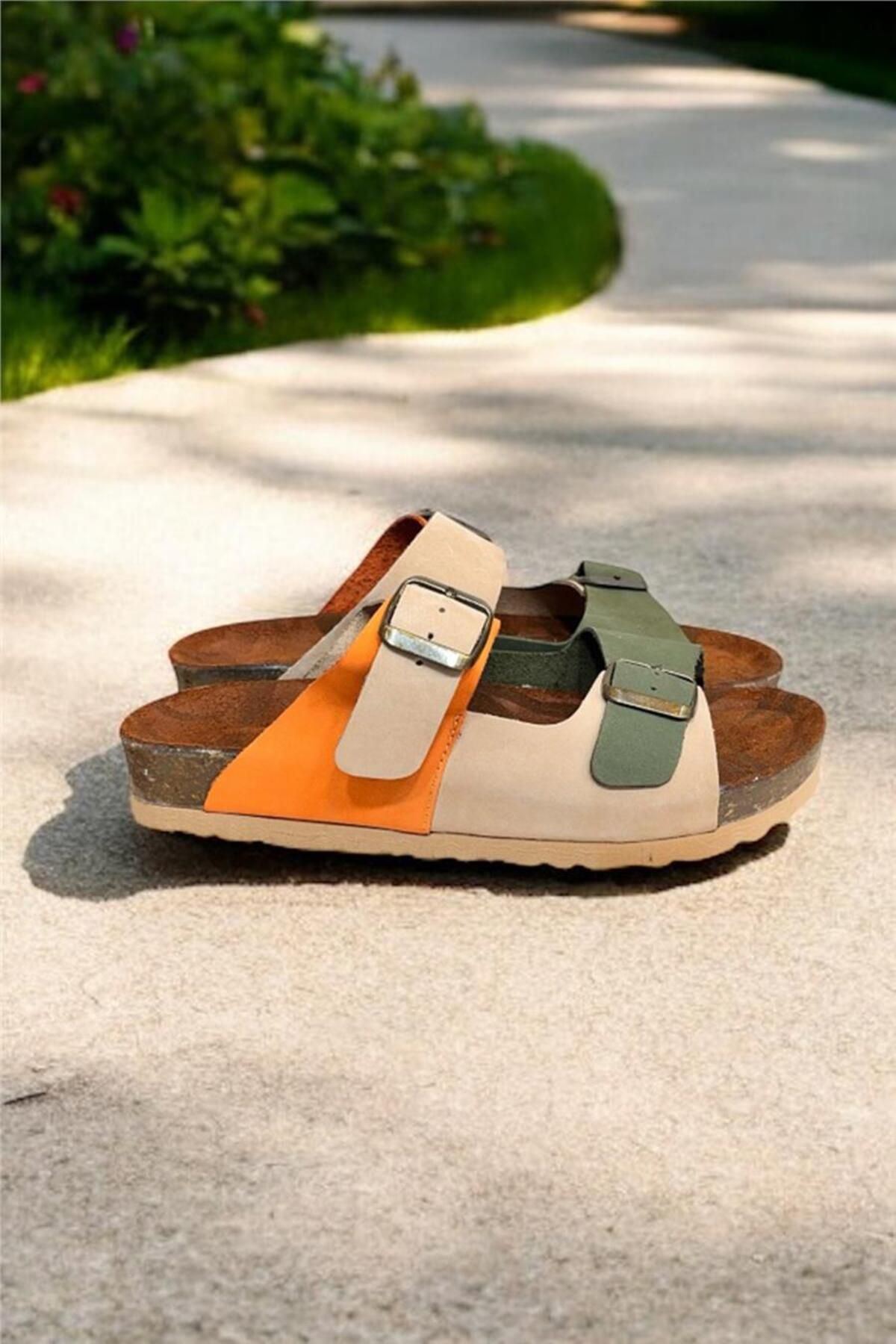 TUFAN SHOES Bej Multi Hakiki Deri Nubuk Çift Bant Tokalı Mantar Taban Terlik