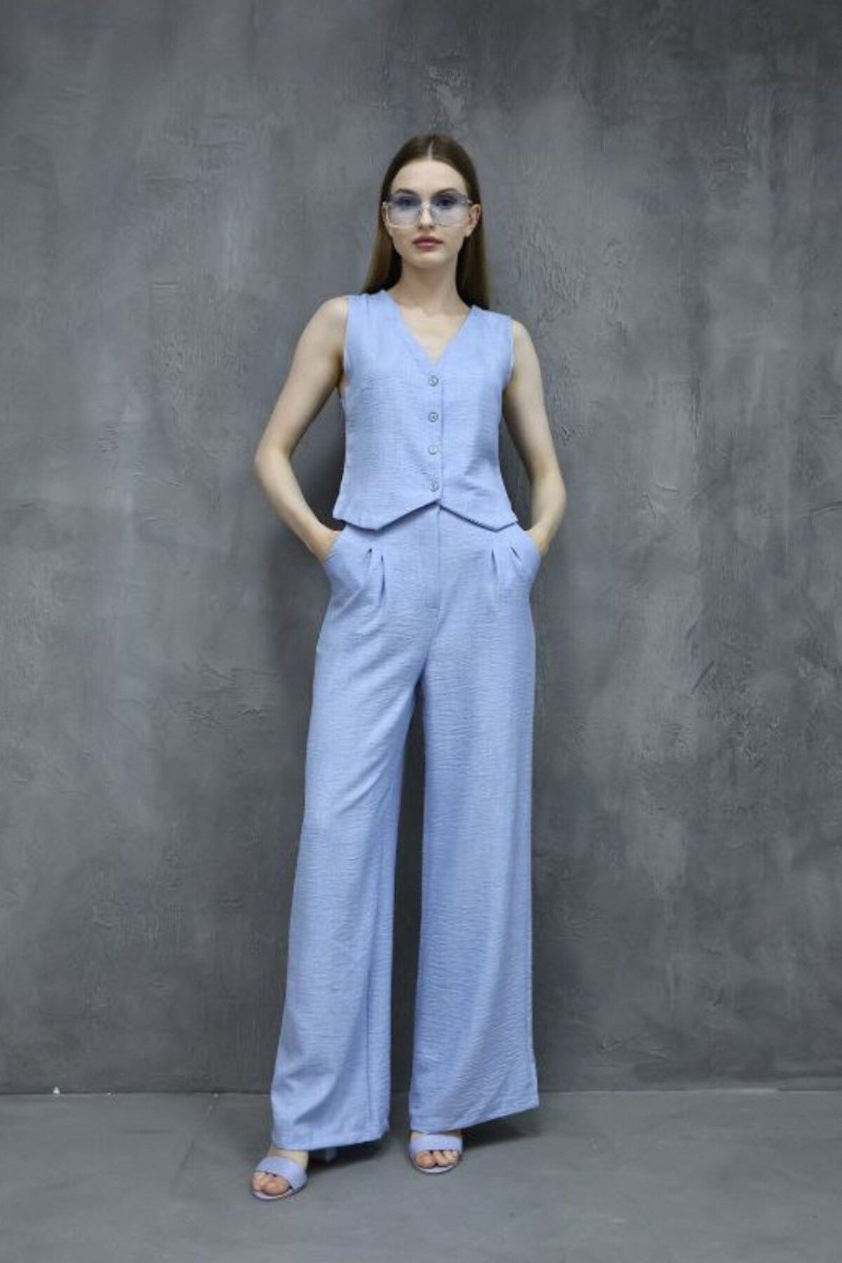 msm fashion Kadın Alt Üst Takım Keten Düğmeli Yelek Palazzo Pantolon Yazlık Takım