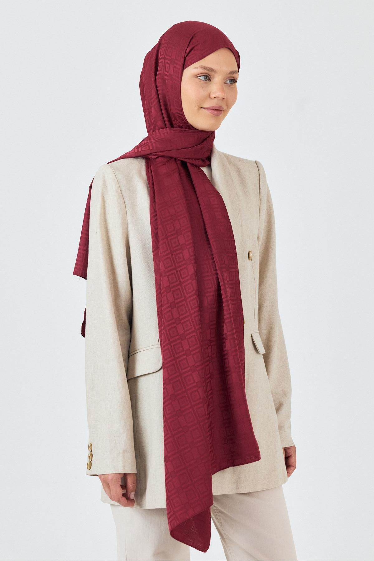 Rays Bordo Kare Desen Jakar Şal 5692