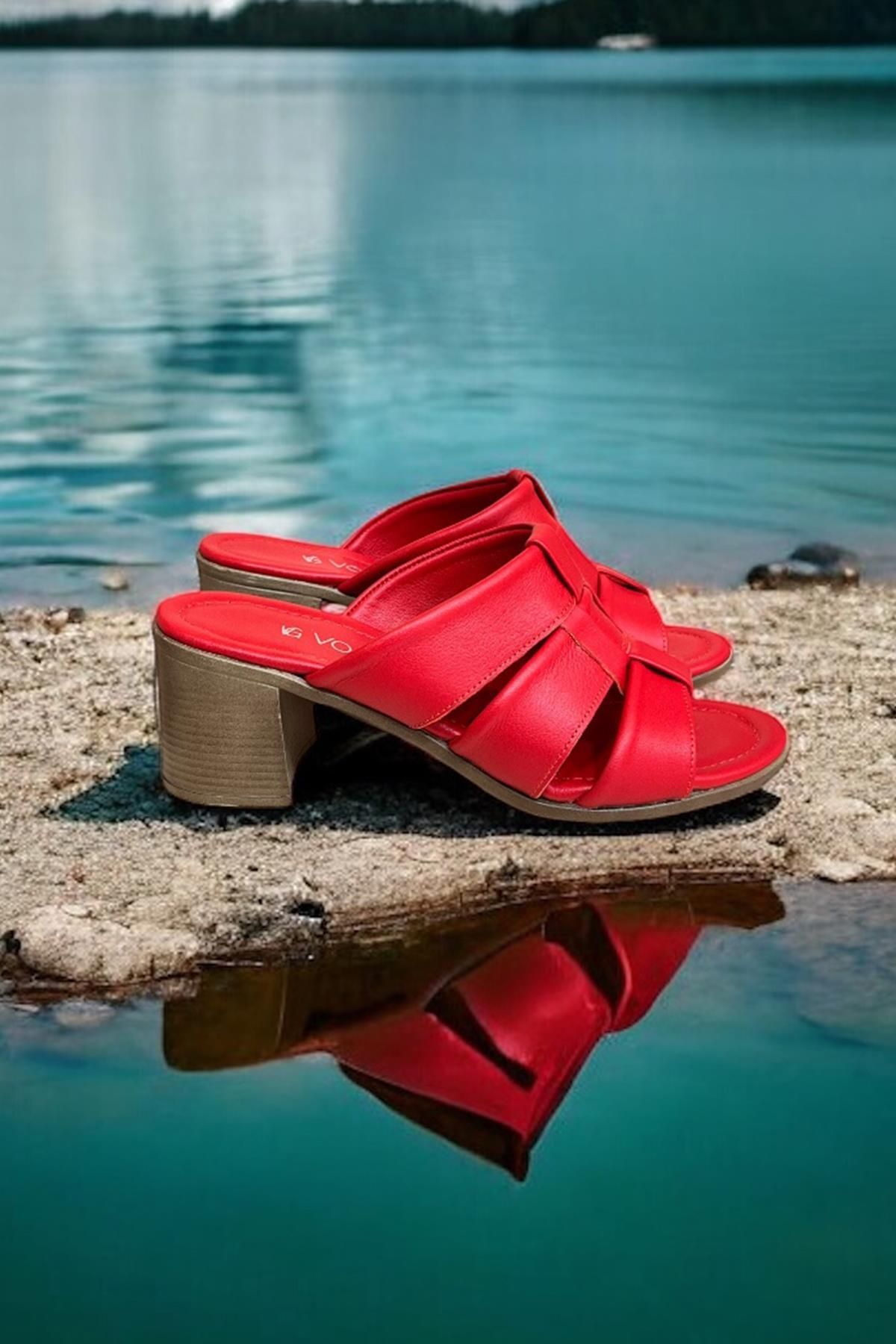 TUFAN SHOES Kırmızı Hakiki Deri Bant Detaylı Topuklu Comfort Taban Terlik