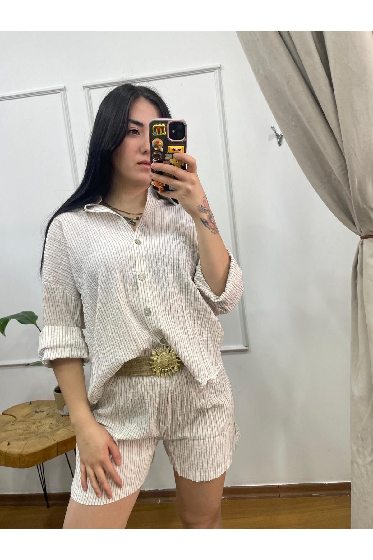 FASİON Kemer Detaylı Çizgili Gömlek Şort Takım