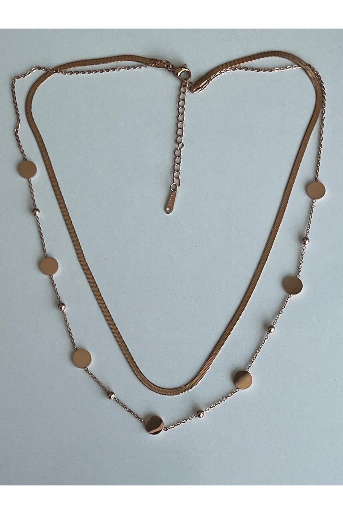 Meri Pul detaylı ikili rose gold çelik kolye