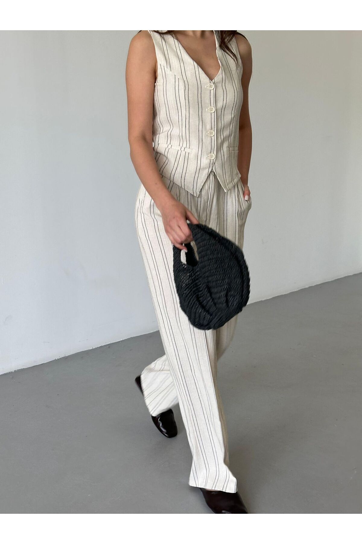FEMMESTUDIO-Women's Cream Striped Vest Pants Set 3
