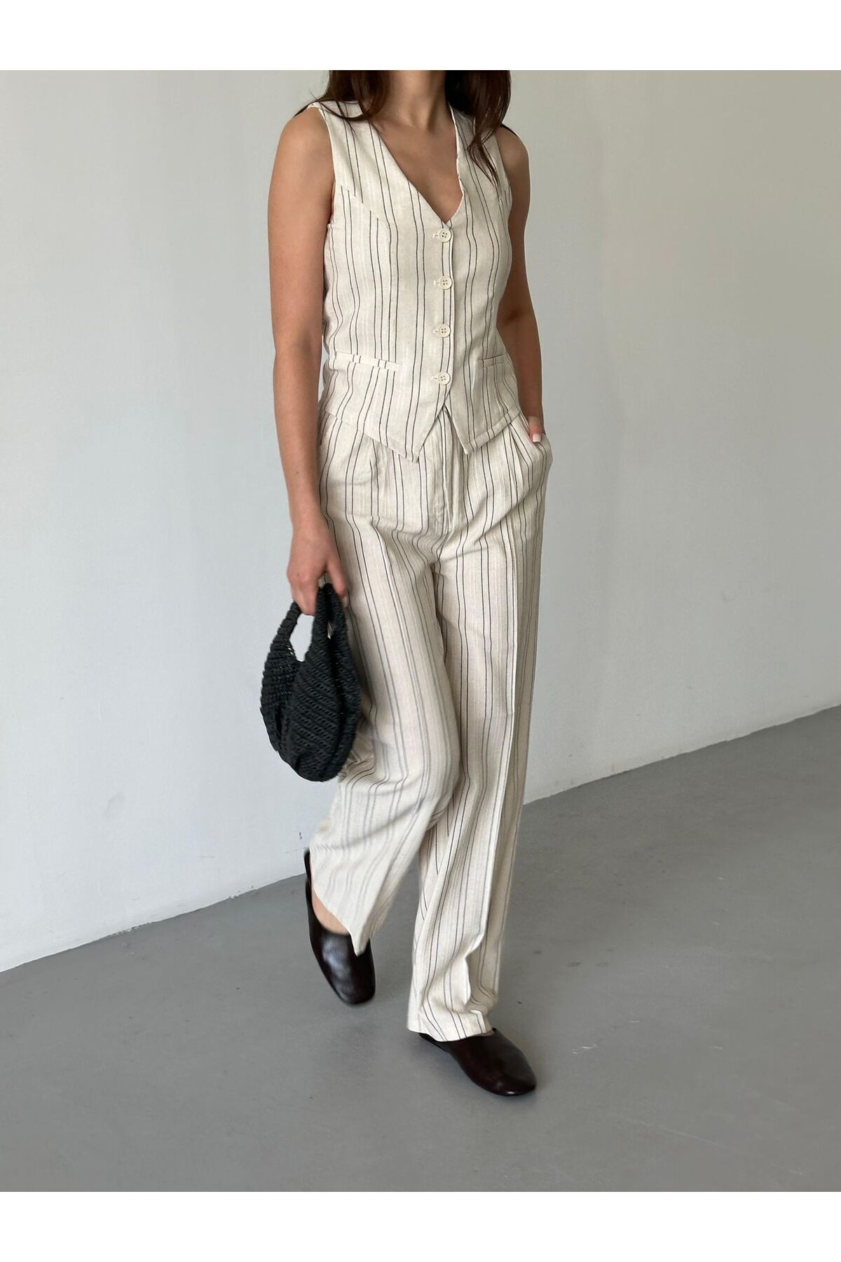 FEMMESTUDIO-Women's Cream Striped Vest Pants Set 4