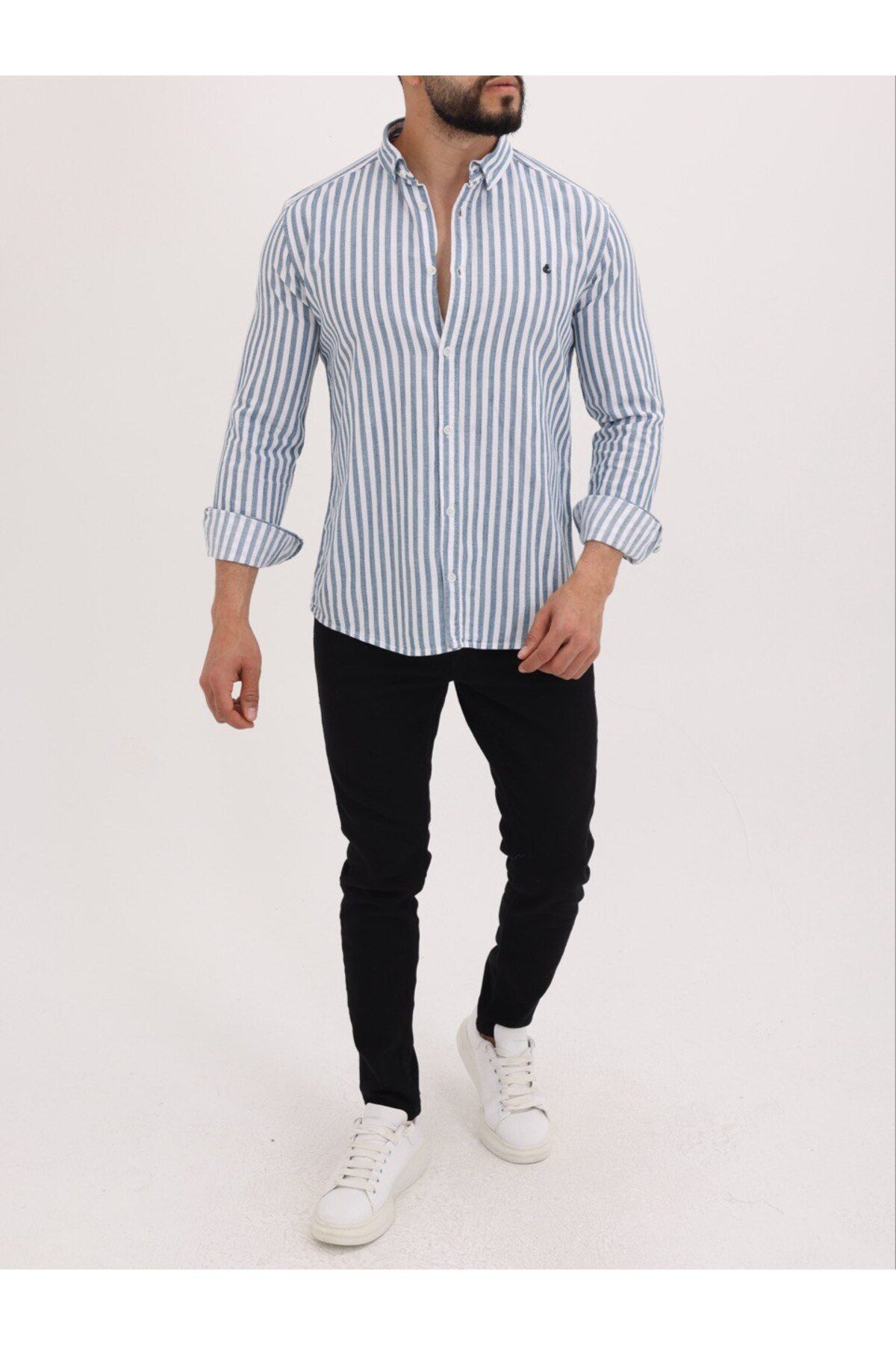 cliento Erkek Slim Fit Petrol Çizgili Keten Gömlek