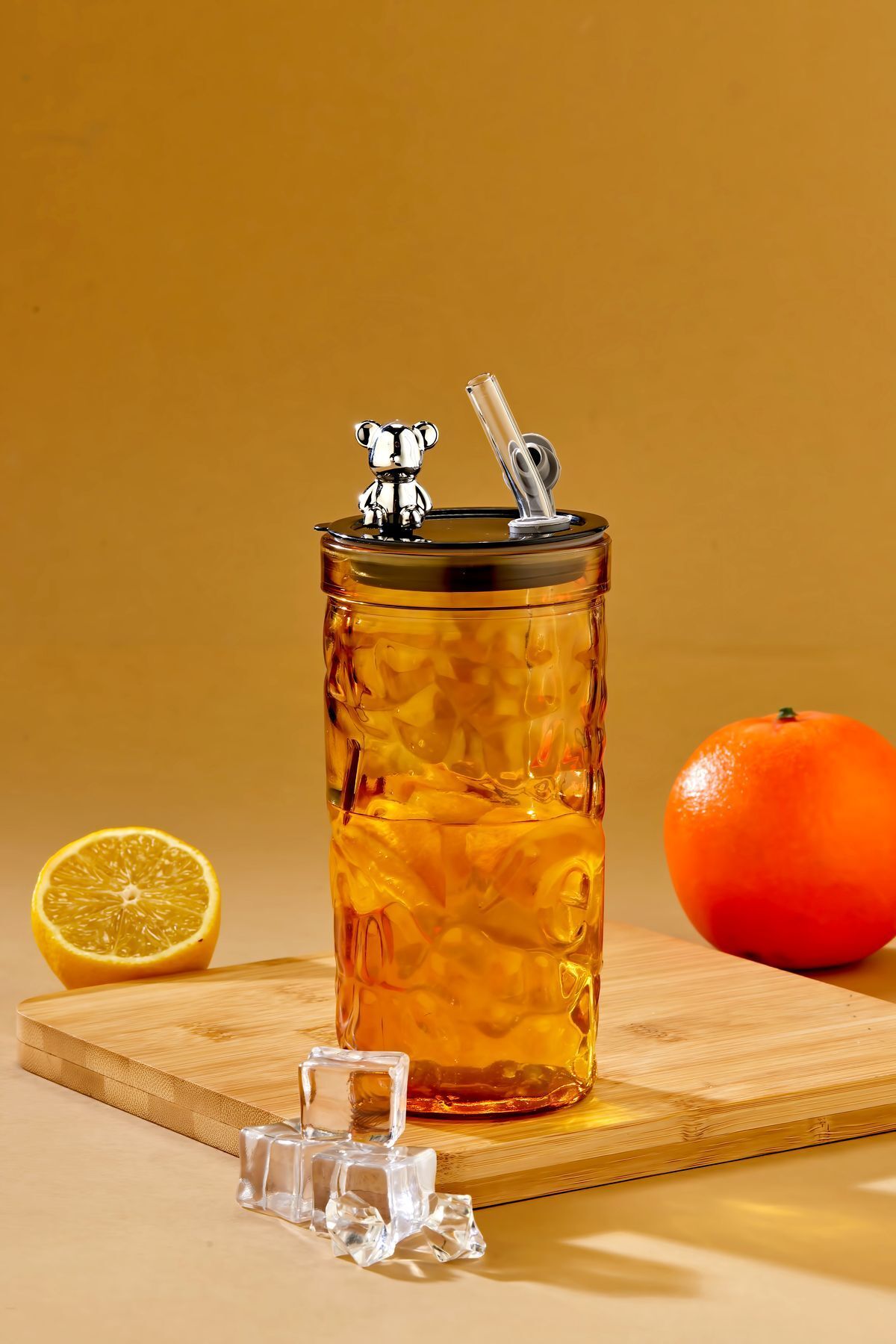 NY HOME Ayıcık Figürlü Cam Pipetli Meşrubat Bardağı Turuncu 420 ML