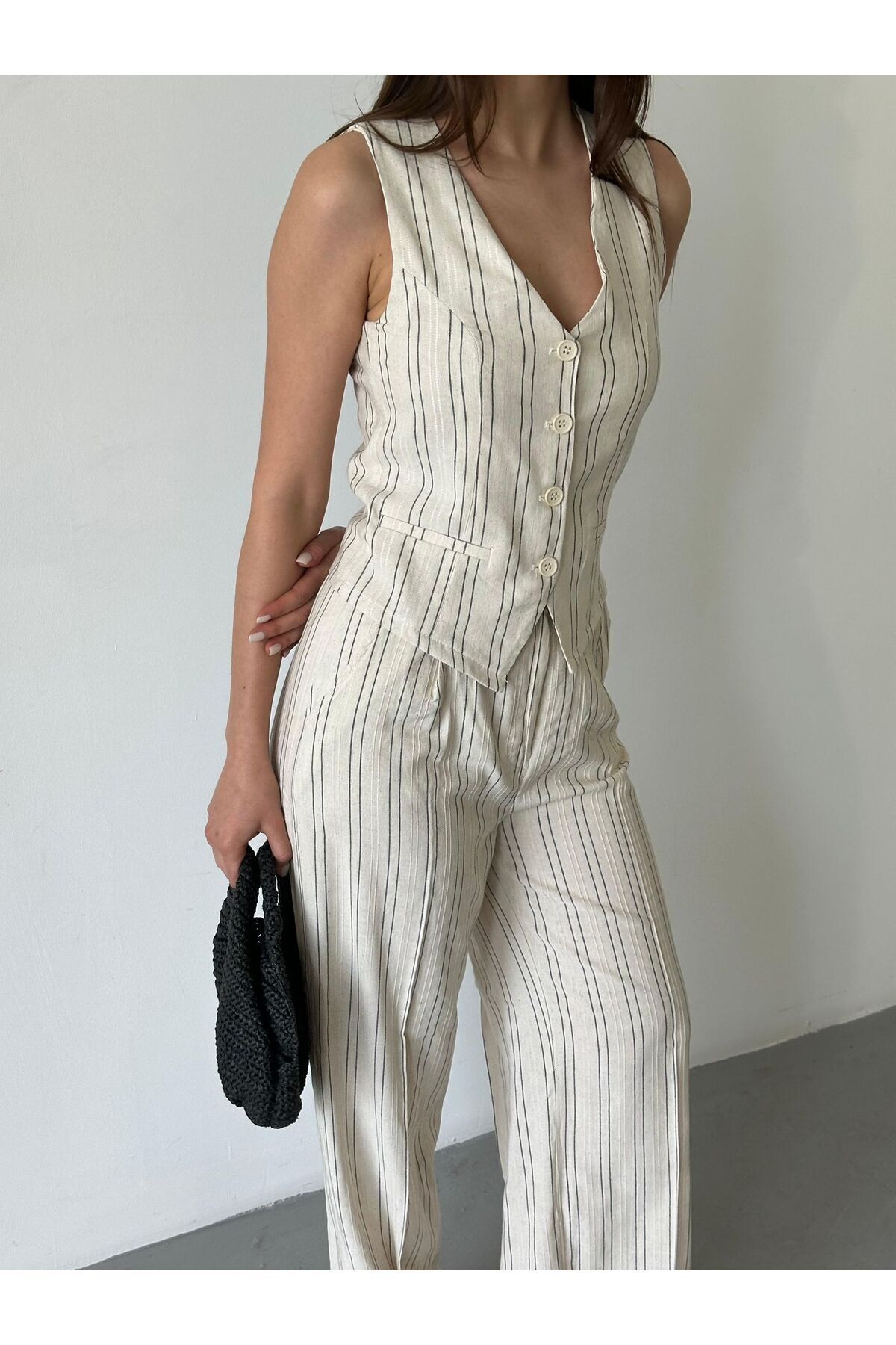 FEMMESTUDIO-Women's Cream Striped Vest Pants Set 6